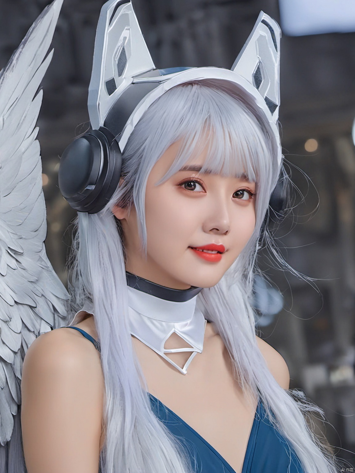  (masterpiece, top quality, best quality, official art, beautiful and aesthetic:1.2), tianqi,1girl,solo,long hair,looking at viewer,white hair,realistic,fake animal ears,wings