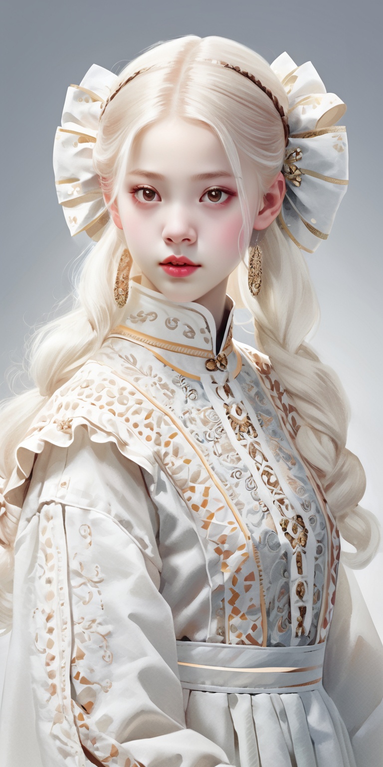 Albino Nordic girl,  Pure white long Pigtail hair,  Picture a mesmerizing fusion where the rich heritage of Hmong ethnic a...