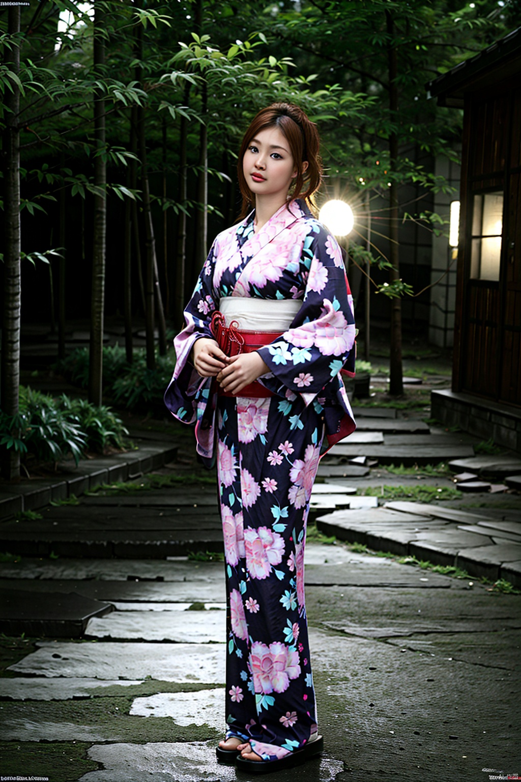 (1girl:1.3), (best quality, masterpiece, ultra high resolution),(photorealistic:1.3), (realistic:1.3), depth of field,(full body:1.2), (day:1.2), (cinematic lighting:1.2), jeans, realism, kimono