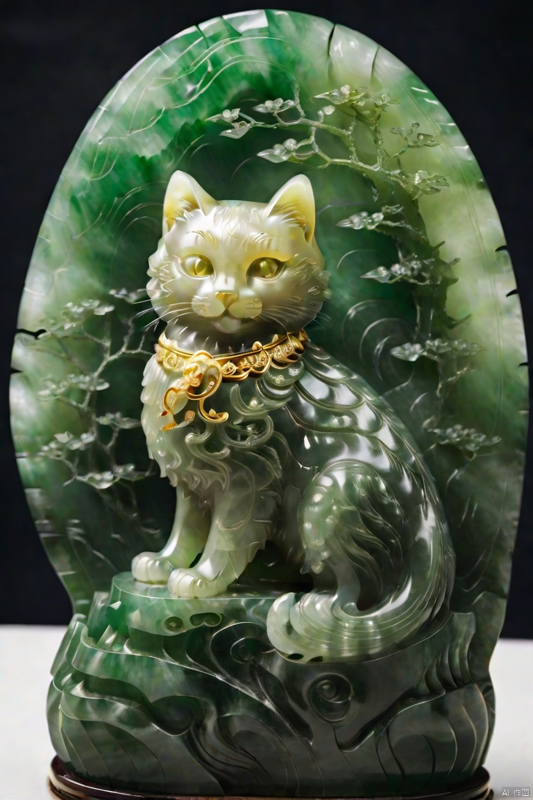 (masterpiece, top quality, best quality, official art, beautiful and aesthetic:1.2),cat,made of jade,golden carving,model,very beautiful, aesthetic,crystal, surface polished natural gloss, very transparent and beautiful, emerald material