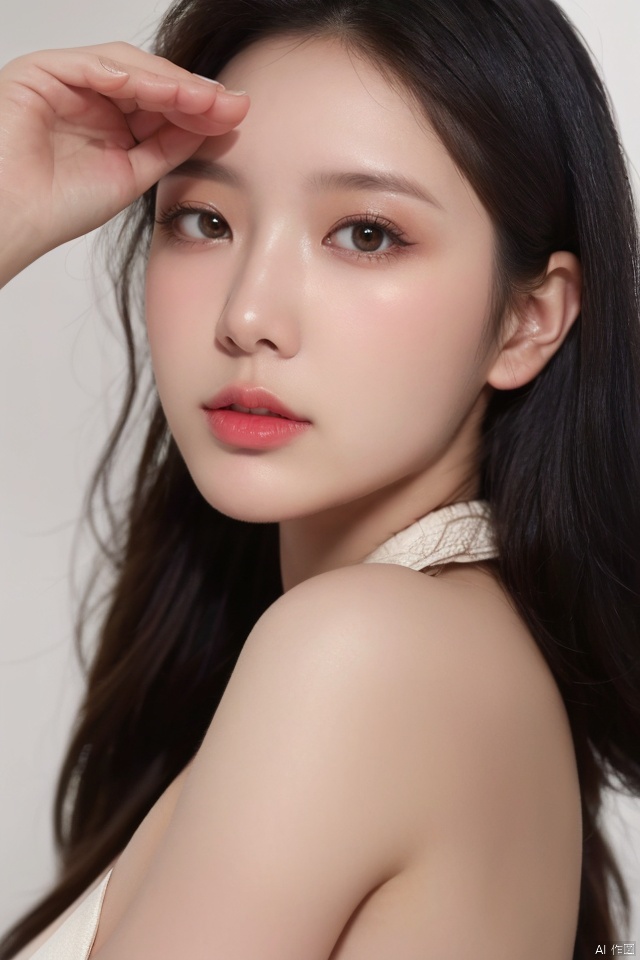 best quality,masterpiece,ultra high res,looking at viewer,simple background,studio,side light,makeup portrait,black eyeshadow, , 1girl
