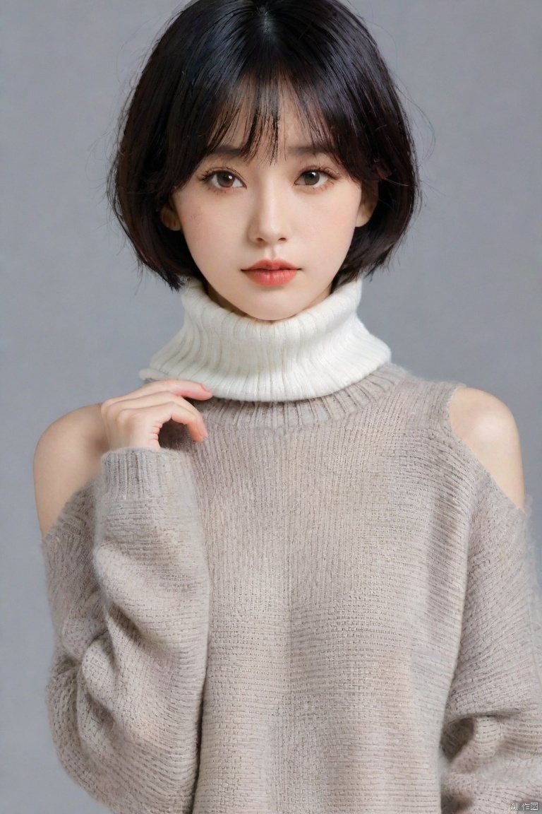  1girl, solo, black hair, looking at viewer, turtleneck, parted lips, bangs, short hair, sweater, upper body, brown eyes, lips, grey background, blunt bangs, turtleneck sweater, simple background, sweater, sleeveless, g009,,<lora:660447824183329044:1.0>