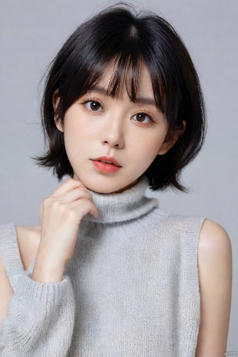  1girl, solo, black hair, looking at viewer, turtleneck, parted lips, bangs, short hair, sweater, upper body, brown eyes, lips, grey background, blunt bangs, turtleneck sweater, simple background, sweater, sleeveless, g009,,<lora:660447824183329044:1.0>