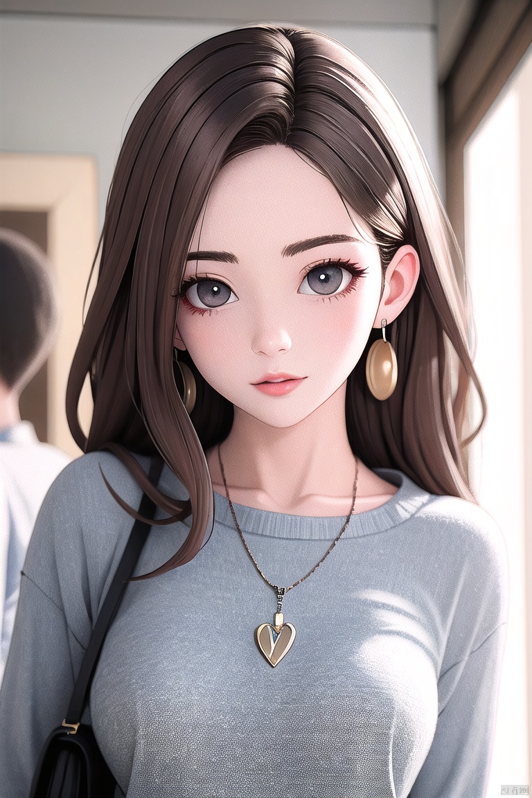  best quality,(masterpiece:1.3),ultra-detailed,solo:1.3,1GIRL,brown hair, brown eyes, necklace, earrings, jewelry,