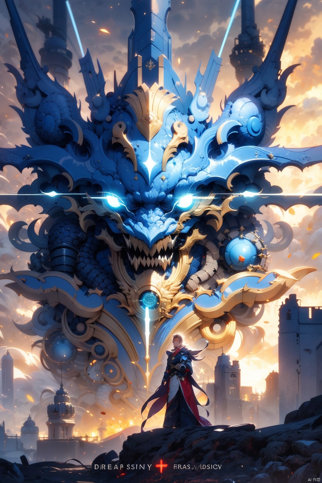  1girl,Laser/laser eyes, glare special effects, (dream, fantasy, laser), metal mecha, aesthetic healing, dragon man (fantasy, conceptualization), 