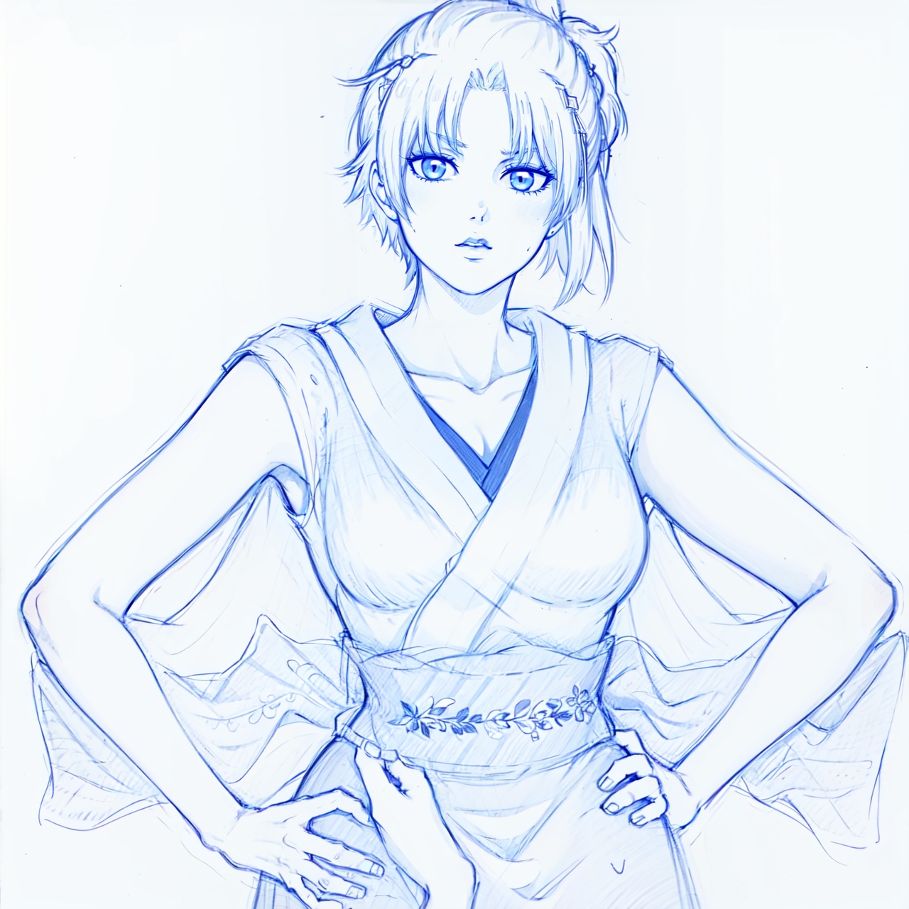 monochrome,  short hair,  japanese clothes on Tensor.Art