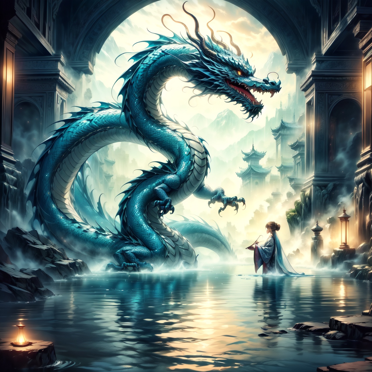 A mystical scene illustrating 'Hidden dragon,  do not act' (潜龙勿用),  emphasizing the presence of a traditional Chinese drag...