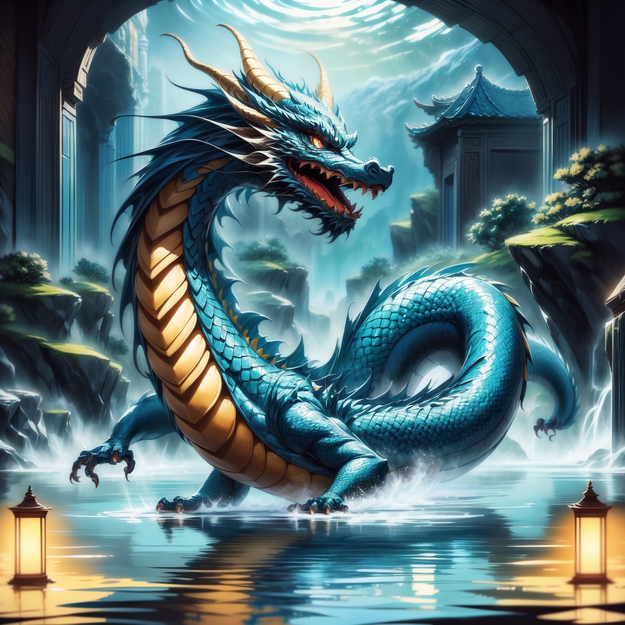 A mystical scene illustrating 'Hidden dragon,  do not act' (潜龙勿用),  emphasizing the presence of a traditional Chinese drag...