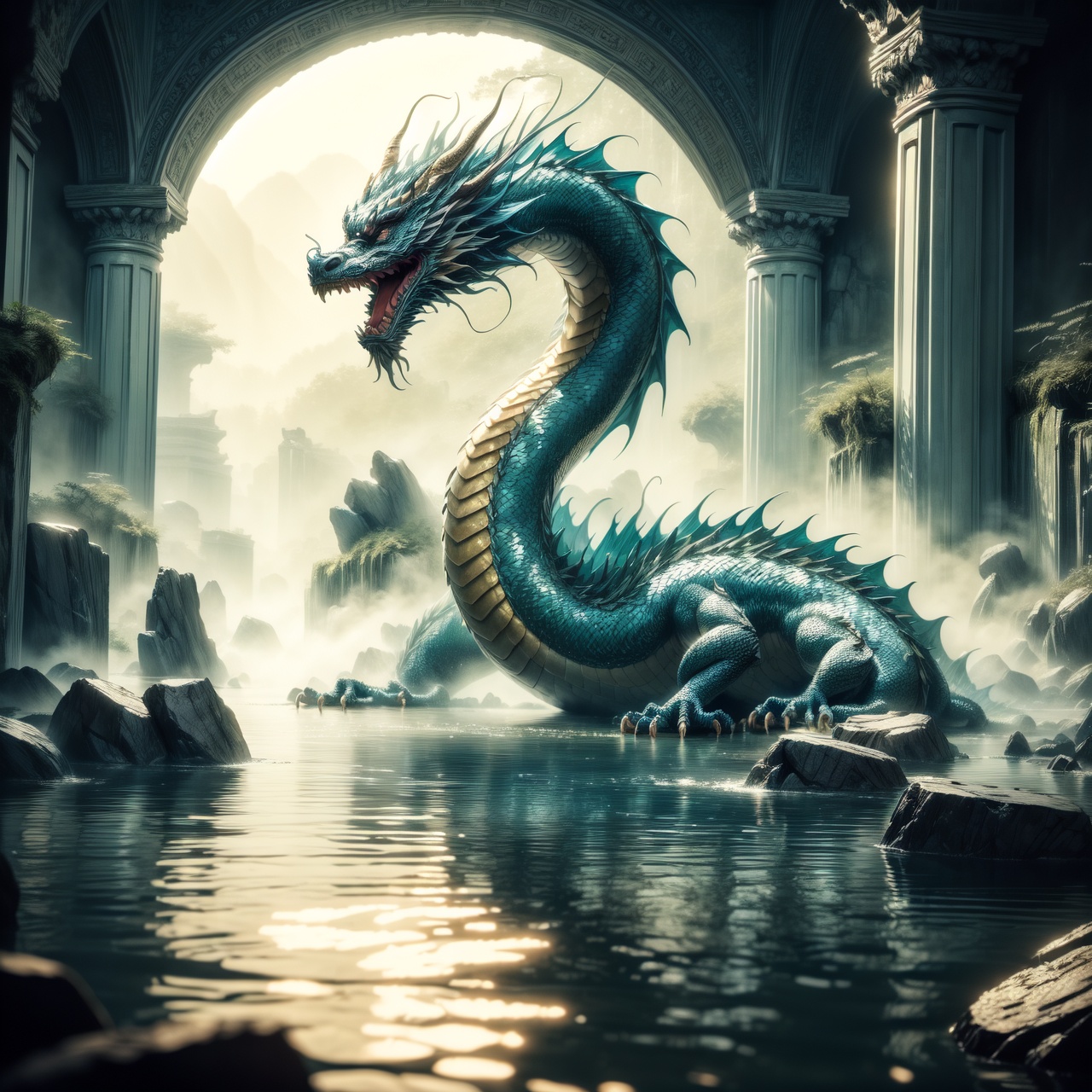 A mystical scene illustrating 'Hidden dragon,  do not act' (潜龙勿用),  emphasizing the presence of a traditional Chinese drag...