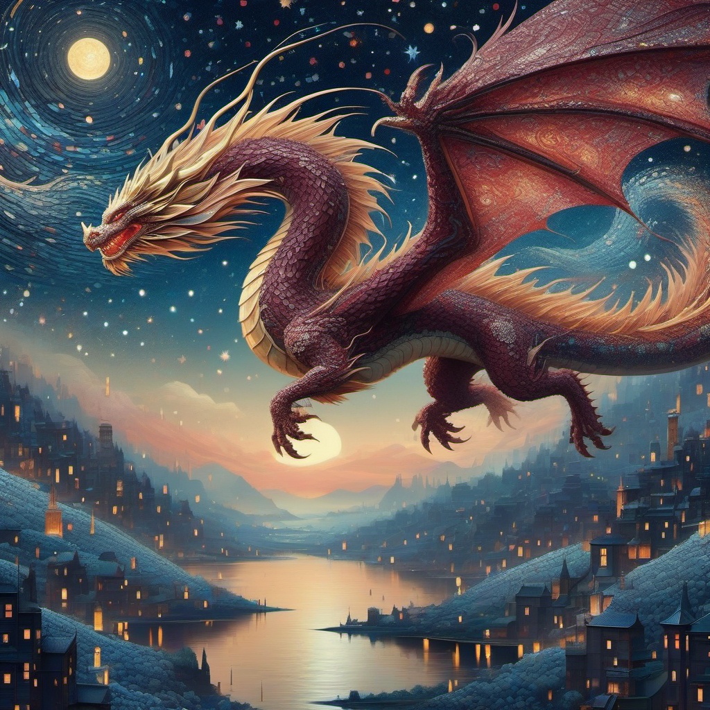 an epic maroon dragon,  dark starry night,  gorgeous eyes,  fantasy illustration,  textured with large visible brush strokes,  hypermaximalism,  astral patterns,  star lit sky,  masterpiece,  breathtaking intricate details,  in the style of Andreas Lie,  van Gogh,  Hokusai,  Luke Gram,  Albert Robida,  Victo Ngai, DragonConfetti2024_XL,<lora:EMS-274942-EMS:0.600000>