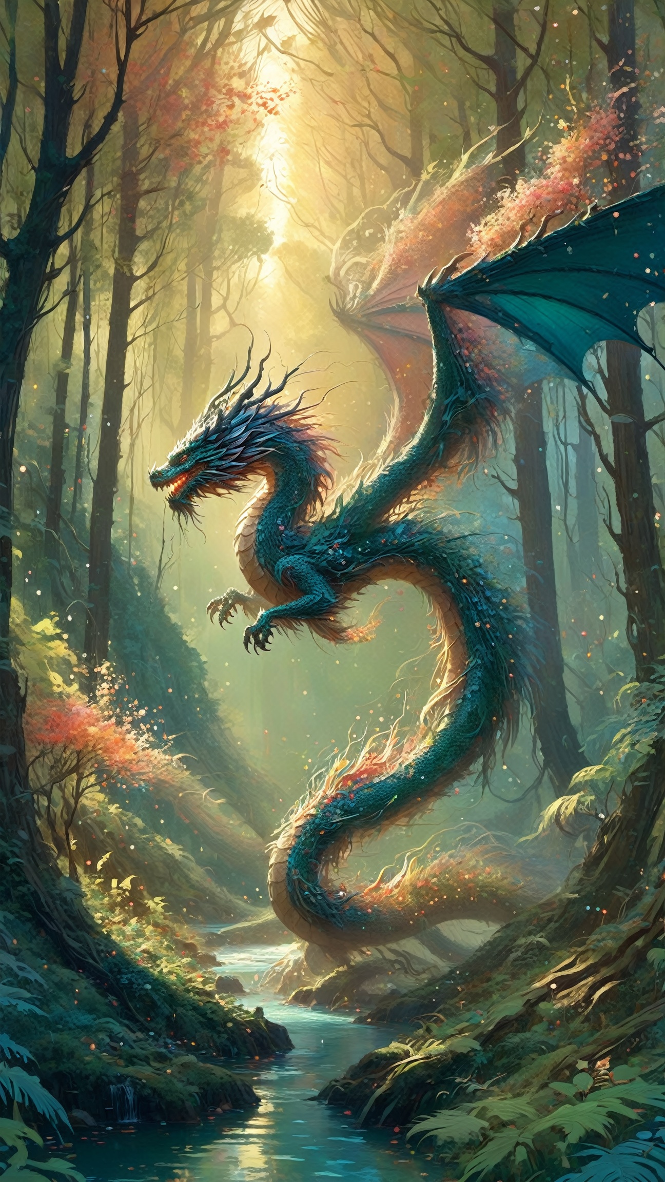 an adorable dragon in a forest :: awwchang :: miles-df :: professional majestic oil painting by Ed Blinkey :: Atey Ghailan :: Studio Ghibli :: Oil splash,  Oil stained,  fluid gouache illustration :: ink splash :: ((Jeremy Mann)) :: Greg Manchess :: Antonio Moro :: (((trending on ArtStation))) :: trending on CGSociety :: volumetric lighting :: dramatic lighting :: James Jean :: Victo Ngai, DragonConfetti2024_XL,<lora:EMS-261918-EMS:0.400000>,<lora:EMS-274942-EMS:0.800000>