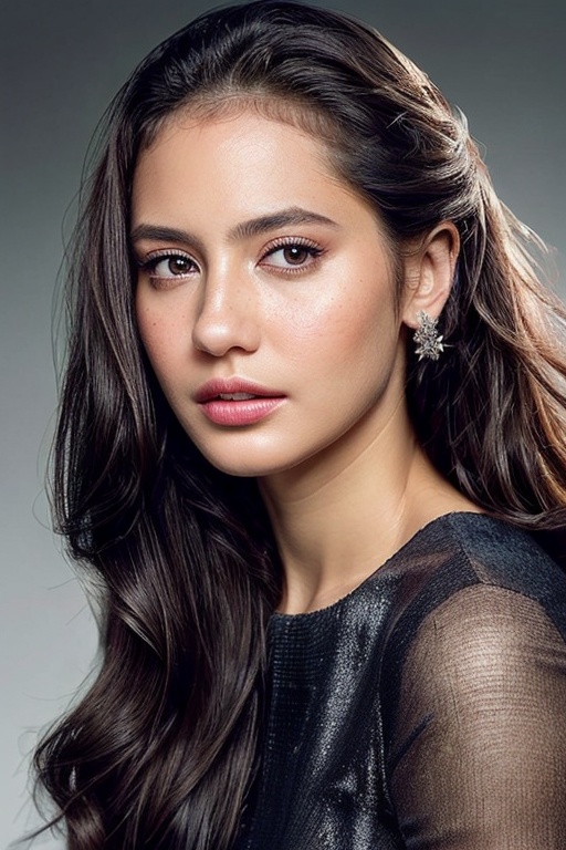 A detailed portrait of a young woman exuding elegance and natural grace. She has a voluminous updo hairstyle with wisps of...