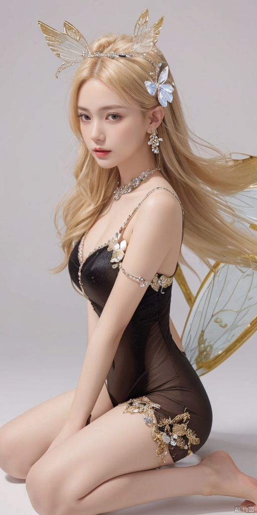  1girl, dance, Fairy, crystal, jewels,black, wings,Holy Light,As white as rosy clouds, 
solo, long hair, breasts, looking at viewer, blonde hair, simple background, hair ornament, white background, wings, fairy wings, fairy, hand on own knee, butterfly wings,All the Colours of the Rainbow,
