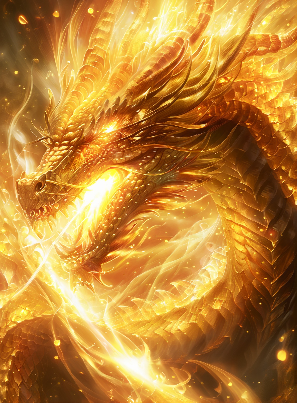 a majestic, fiery dragon with intricate scales and a fiery aura. The dragon's eyes are glowing with a bright, intense light, and its mouth is open, revealing sharp teeth. The background is filled with swirling flames and embers, creating a sense of movement and intensity. The overall color palette is dominated by warm hues of gold, orange, and yellow, giving the image a fiery and dynamic feel<lora:KING Gardon-000010:1>