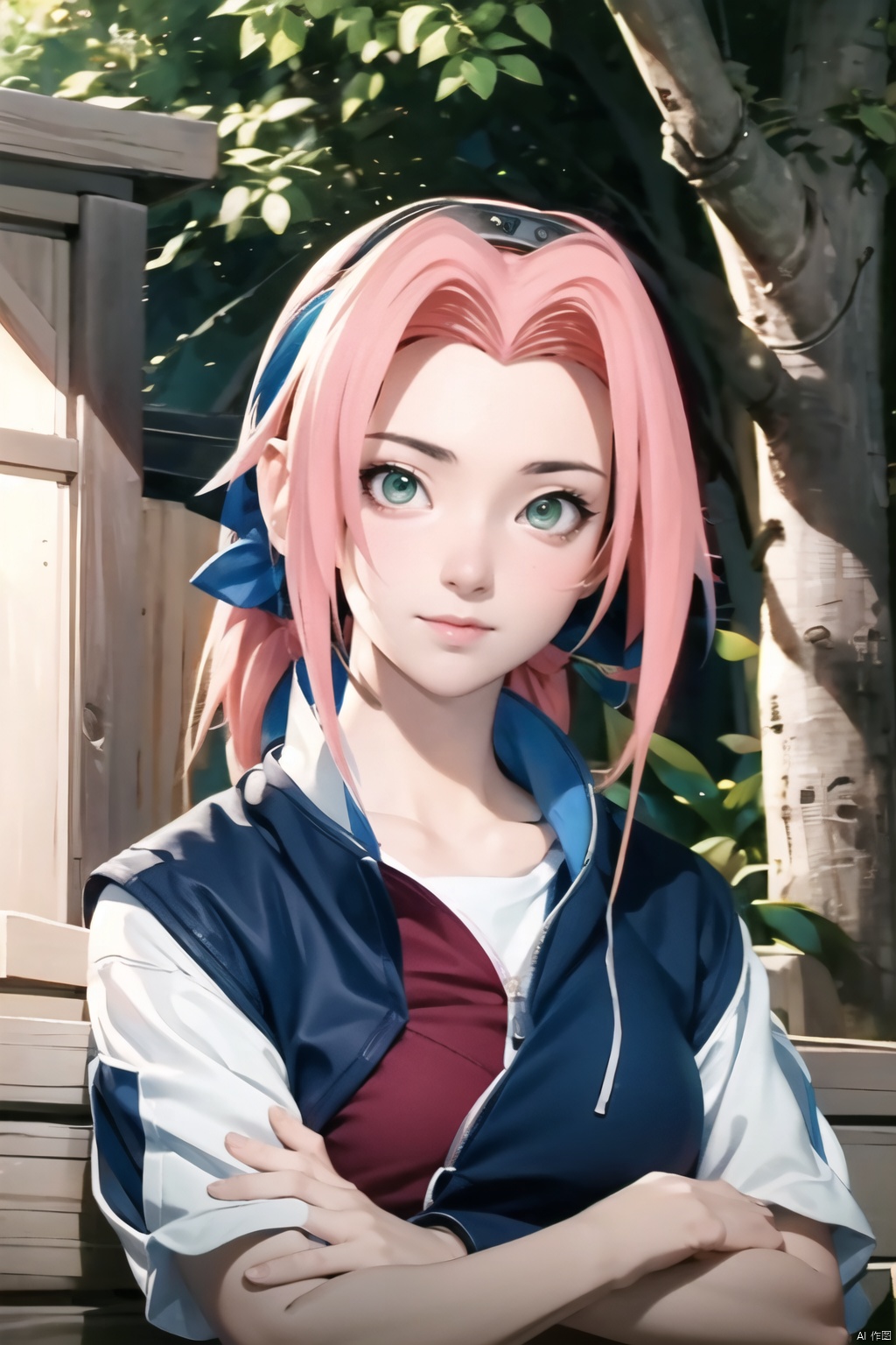 best quality, masterpiece, extremely detailed CG unity 8k wallpaper, official art, (Realistic:1.2), 1girl, solo, outdoors, looking at the viewer, 3DMM, haruno sakura, green eyes