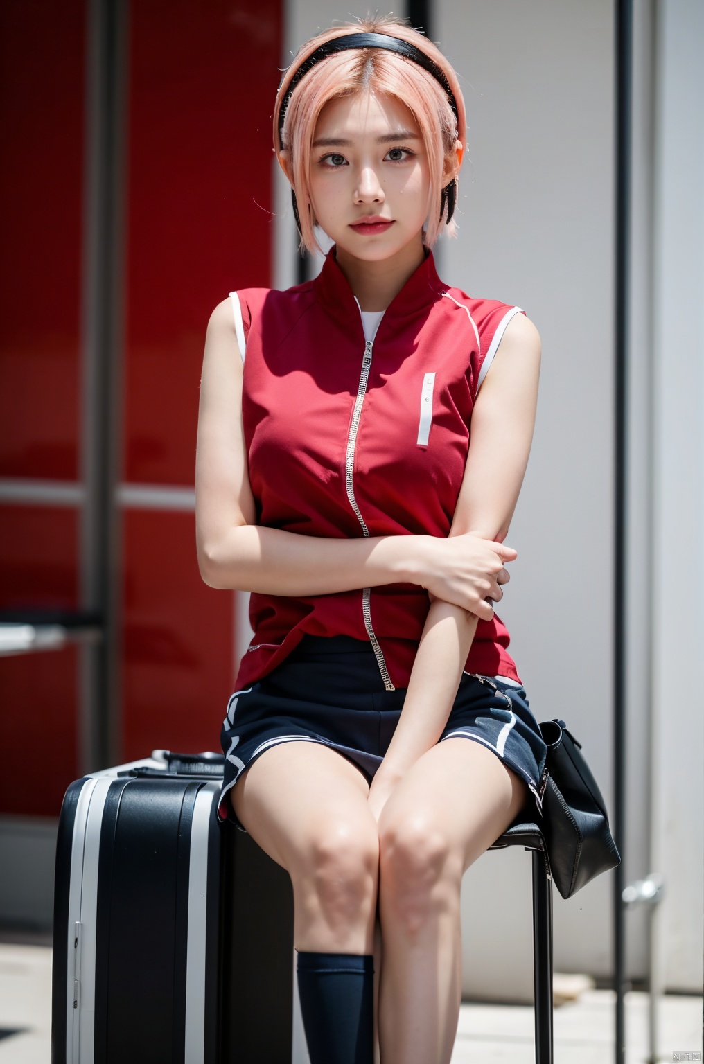  DSLR, (Good structure), HDR, UHD, 8K, chunyeying, haruno sakura, 1girl, solo, pink hair, white background, bike shorts, shorts, gloves, short hair, black gloves, green eyes, simple background, sleeveless, standing, black shorts, looking at viewer, bandages, bandaged leg, closed mouth, leaning forward, red shirt, shirt, skirt, 111