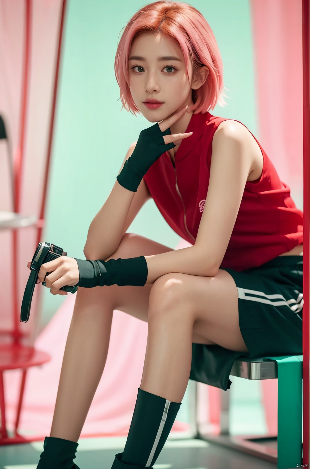  DSLR, (Good structure), HDR, UHD, 8K, chunyeying, haruno sakura, 1girl, solo, pink hair, white background, bike shorts, shorts, gloves, short hair, black gloves, green eyes, simple background, sleeveless, standing, black shorts, looking at viewer, bandages, bandaged leg, closed mouth, leaning forward, red shirt, shirt, skirt, 111