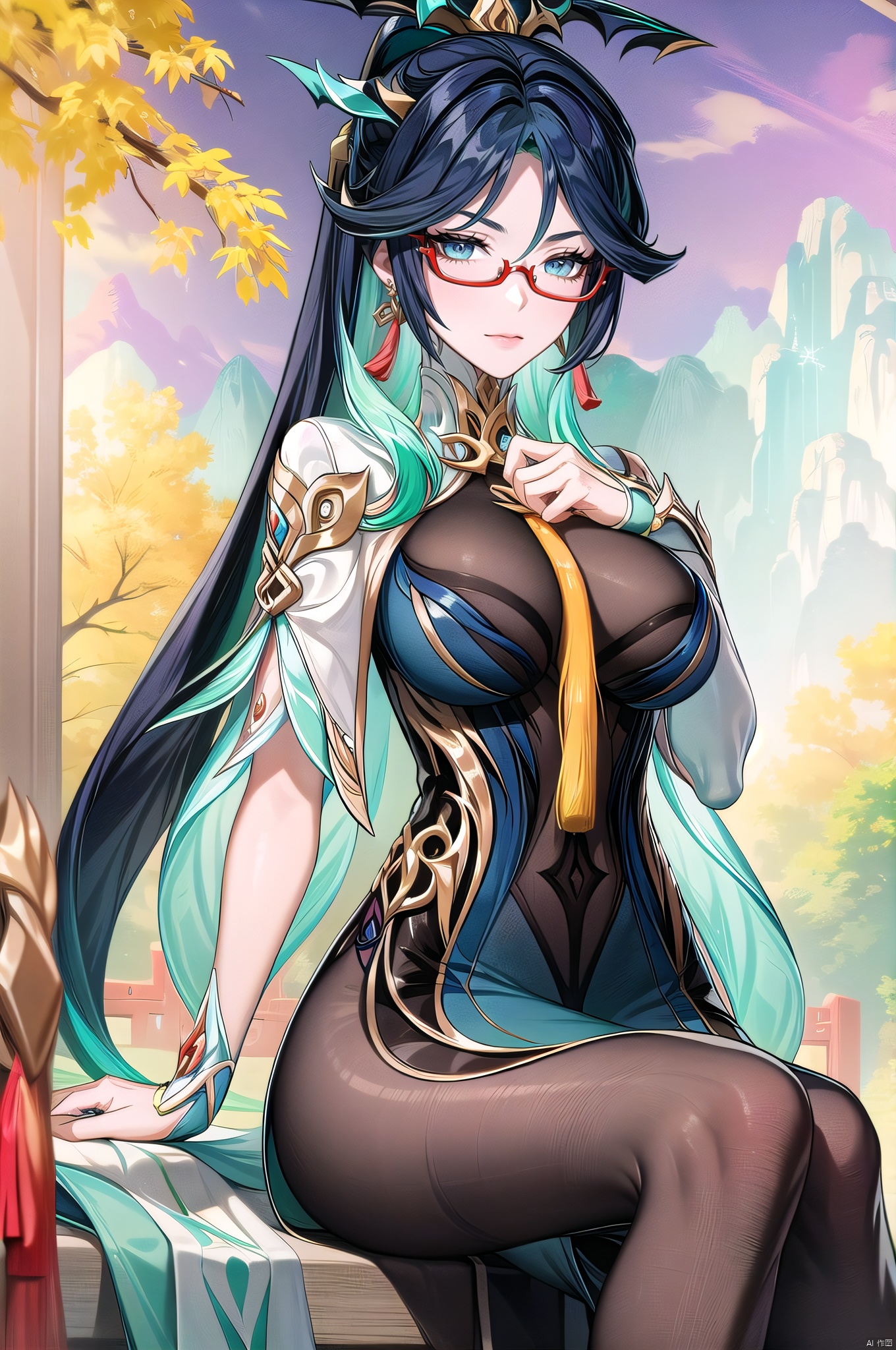 Xianyun, 1girl, solo, cosplay, ponytail, looking at viewer, long hair, hair ornament, multicolored hair, semi-rimless eyewear, black hair, blue eyes, green hair, bangs, jewelry, (upper body:1.5), earrings, large breasts, closed mouth, tassel earrings, chinese clothes,nice hands, Xianyun,sitting,crossed_legs,arms behind back,