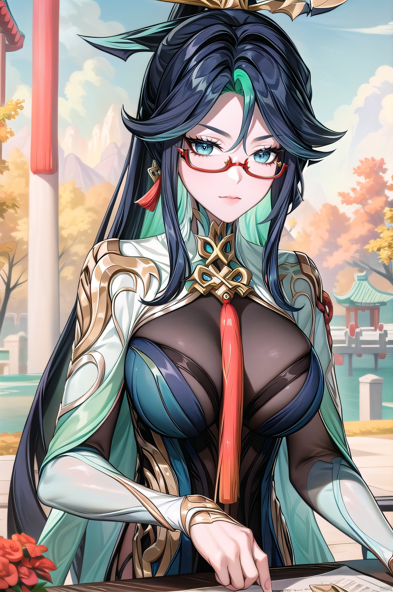 Xianyun, 1girl, solo, cosplay, ponytail, looking at viewer, long hair, hair ornament, multicolored hair, semi-rimless eyewear, black hair, blue eyes, green hair, bangs, jewelry, (upper body:1.5), earrings, large breasts, closed mouth, tassel earrings, chinese clothes,nice hands,sitting, Xianyun
