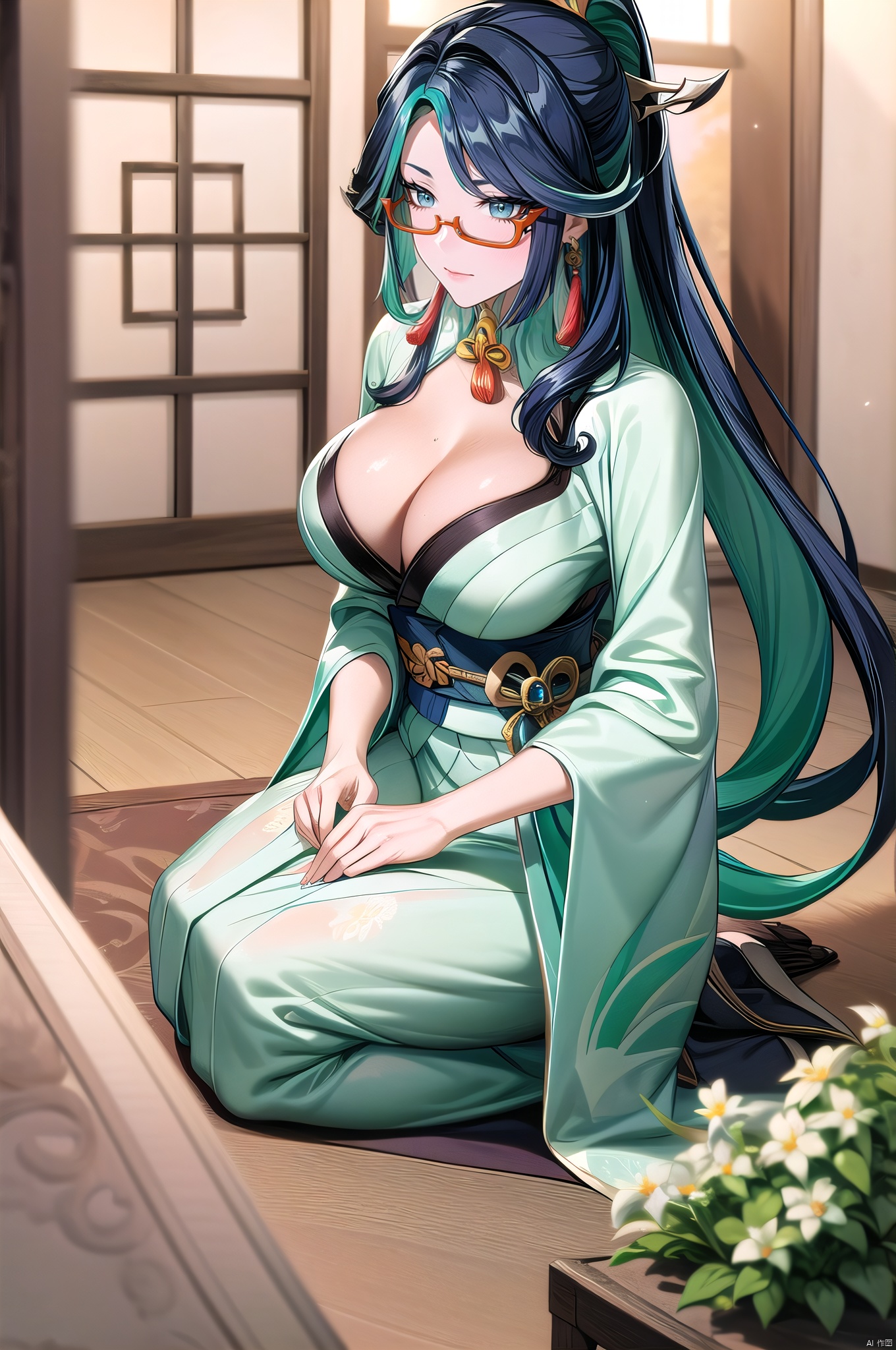 Xianyun, 1girl, solo, ponytail, looking at viewer, long hair, hair ornament, multicolored hair, semi-rimless eyewear, black hair, blue eyes, green hair, bangs, jewelry, earrings, large breasts, closed mouth, tassel earrings, nice hands,japanese clothes, solo, kimono, sitting, seiza, pink kimono,wide sleeves, collarbone, sash, floral print, long sleeves, indoors, obi, blurry
