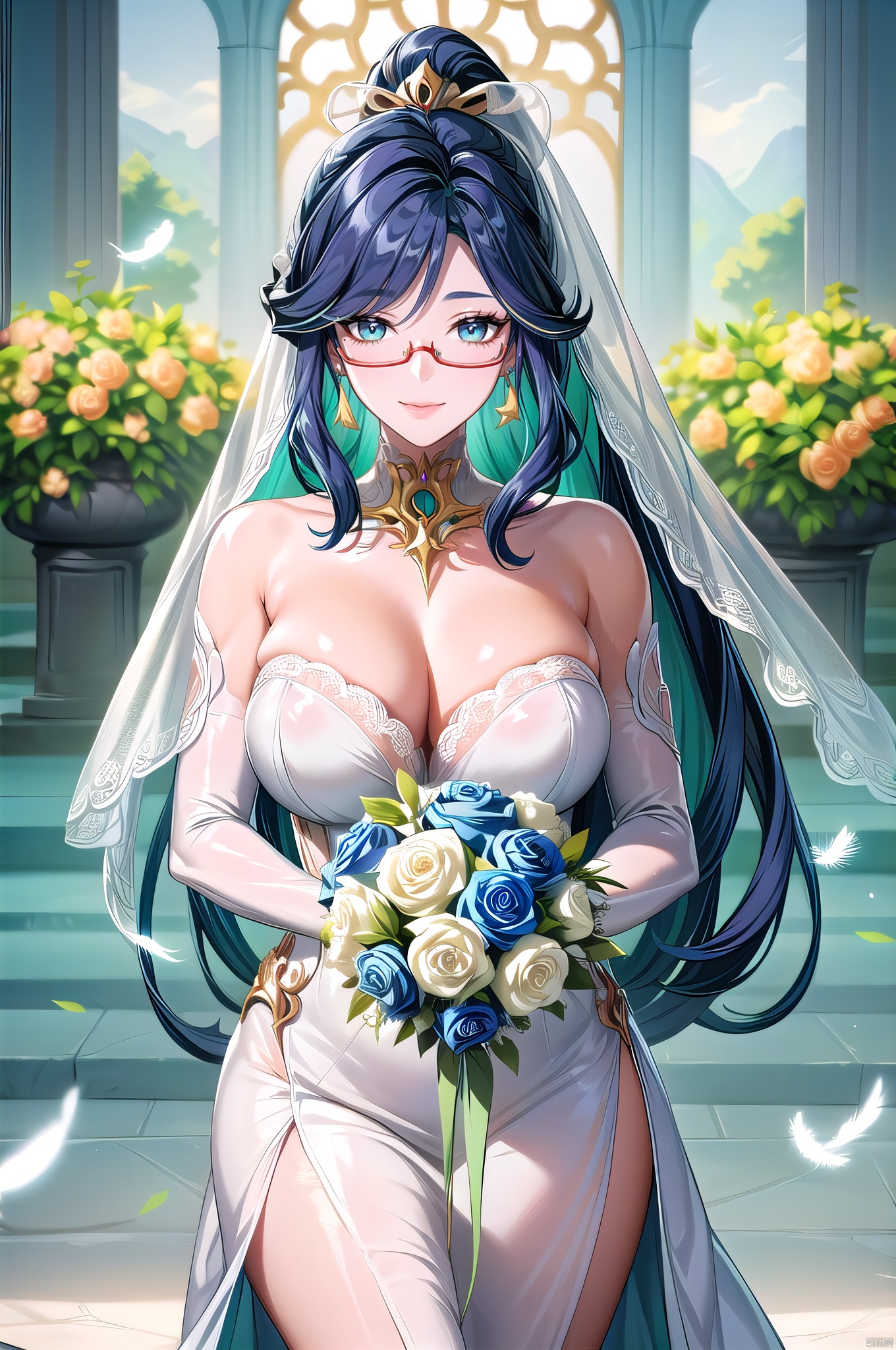 Xianyun, 1girl, solo, ponytail, looking at viewer, long hair, hair ornament, multicolored hair, semi-rimless eyewear, black hair, blue eyes, green hair, bangs, jewelry, earrings, large breasts, closed mouth, tassel earrings, nice hands,flower, bouquet, breasts, dress, wedding dress, solo, long hair, rose, large breasts, cleavage, necklace, jewelry, blue flower, purple flower, blue rose, feathers, veil, purple rose, gloves, collarbone, bare shoulders, white dress, holding, elbow gloves, strapless, strapless dress, bridal veil, holding bouquet, pink rose, petals, bride, smile, bird, flower field