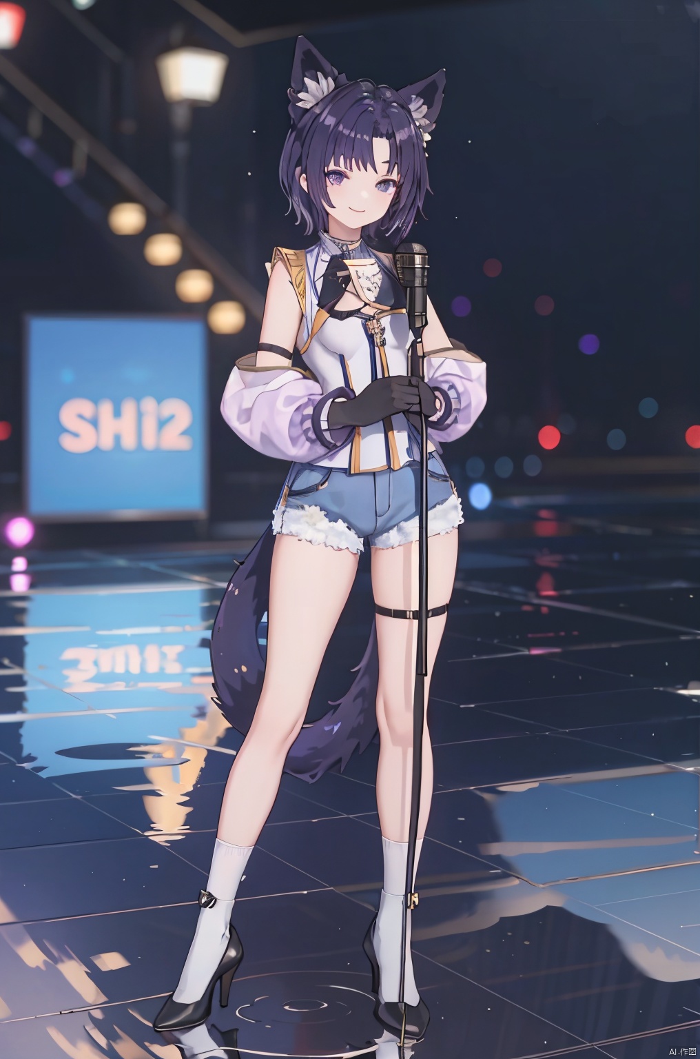 1girl, solo, animal ears, gloves, high heels, tail, purple hair, standing, smile, full body, holding, shorts, socks
