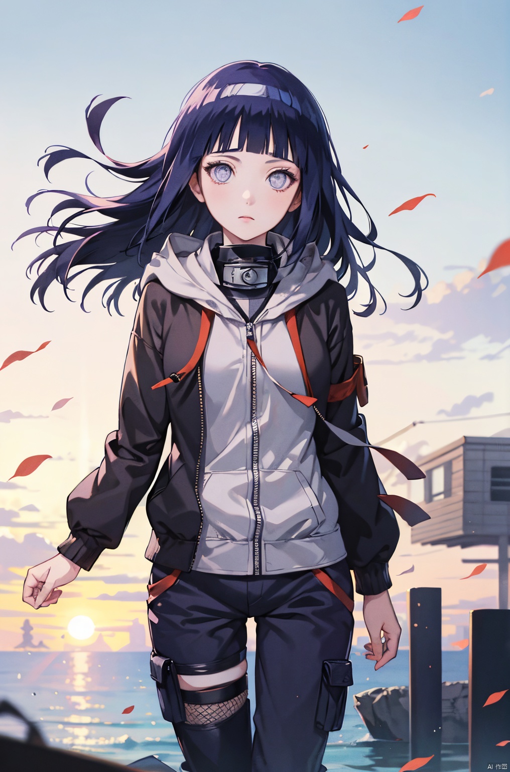 masterpiece, absurdres, 1girl, hinata\(shippuden\), solo,hooded jacket, fishnets, headband around neck, looking at viewer,  floating hair,  wind, blue pants, 