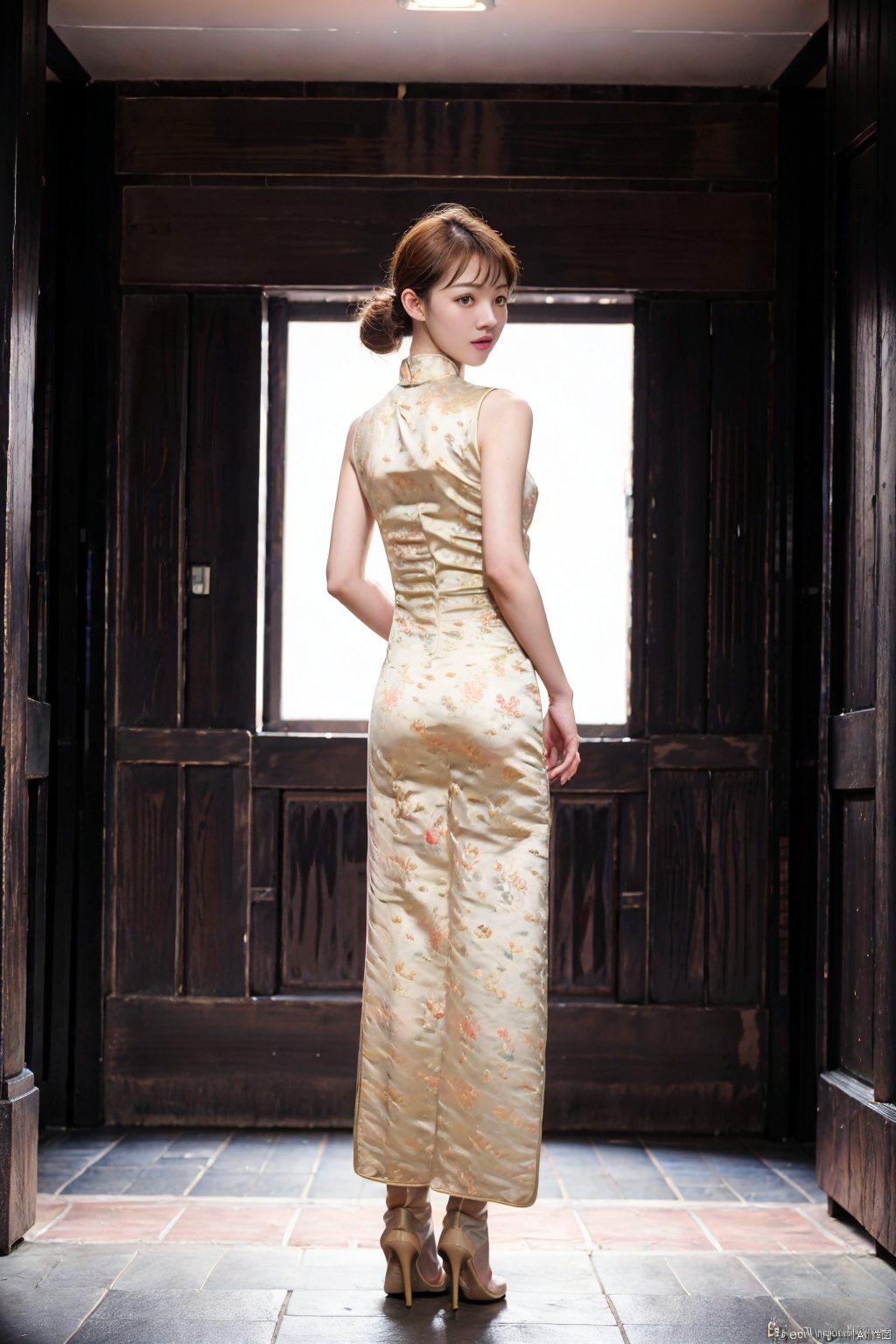 (1girl:1.3), (best quality, masterpiece, ultra high resolution),(photorealistic:1.3), (realistic:1.3), depth of field,(full body:1.2), (day:1.2), (cinematic lighting:1.2), qipao, hands behind back