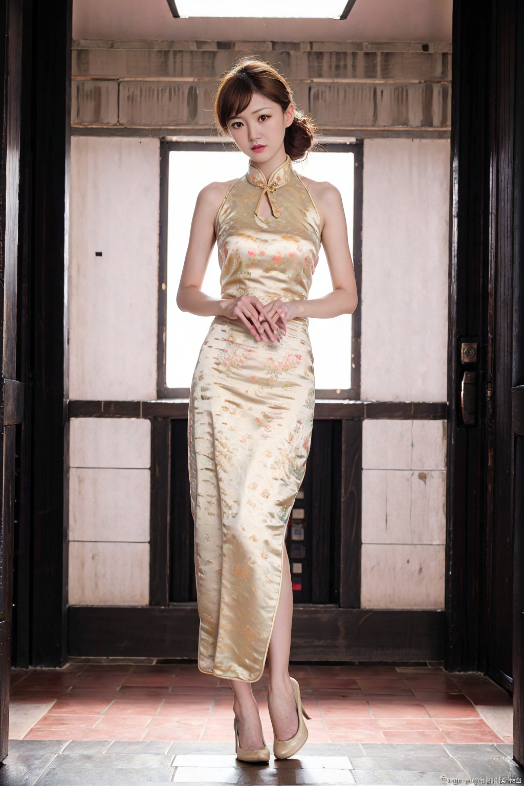 (1girl:1.3), (best quality, masterpiece, ultra high resolution),(photorealistic:1.3), (realistic:1.3), depth of field,(full body:1.2), (day:1.2), (cinematic lighting:1.2), gold  qipao