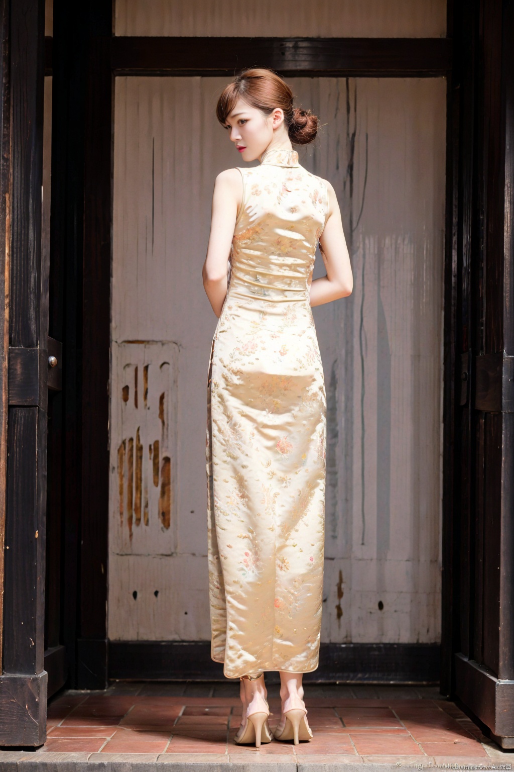 (1girl:1.3), (best quality, masterpiece, ultra high resolution),(photorealistic:1.3), (realistic:1.3), depth of field,(full body:1.2), (day:1.2), (cinematic lighting:1.2), hands behind back, qipao