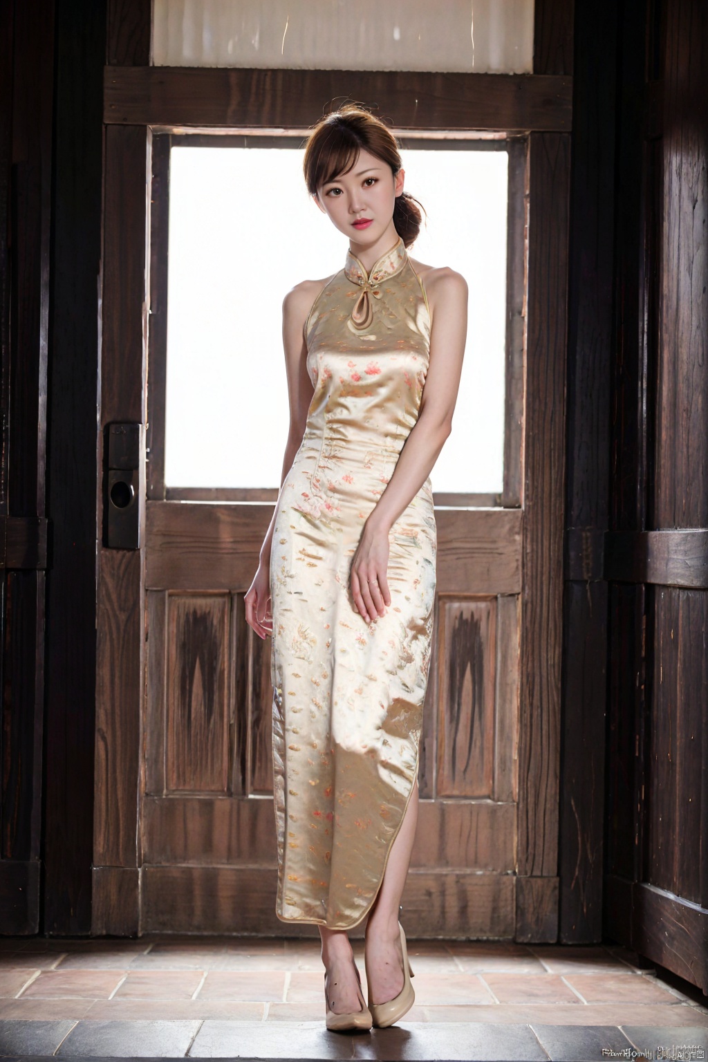 (1girl:1.3), (best quality, masterpiece, ultra high resolution),(photorealistic:1.3), (realistic:1.3), depth of field,(full body:1.2), (day:1.2), (cinematic lighting:1.2), qipao, 