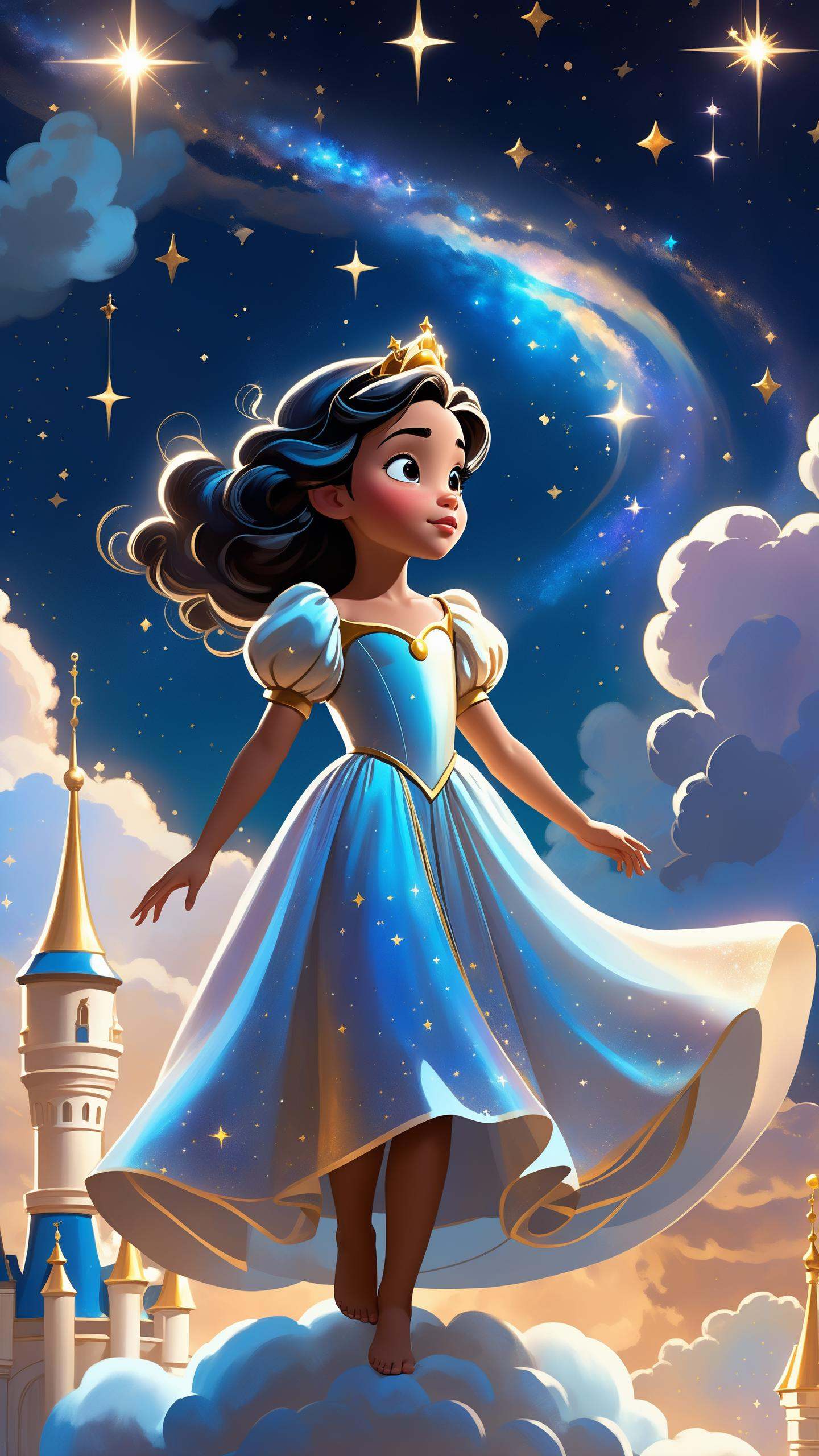 "Disney style,  a beautiful young girl princess in a shimmering,  starry robe on Tensor.Art