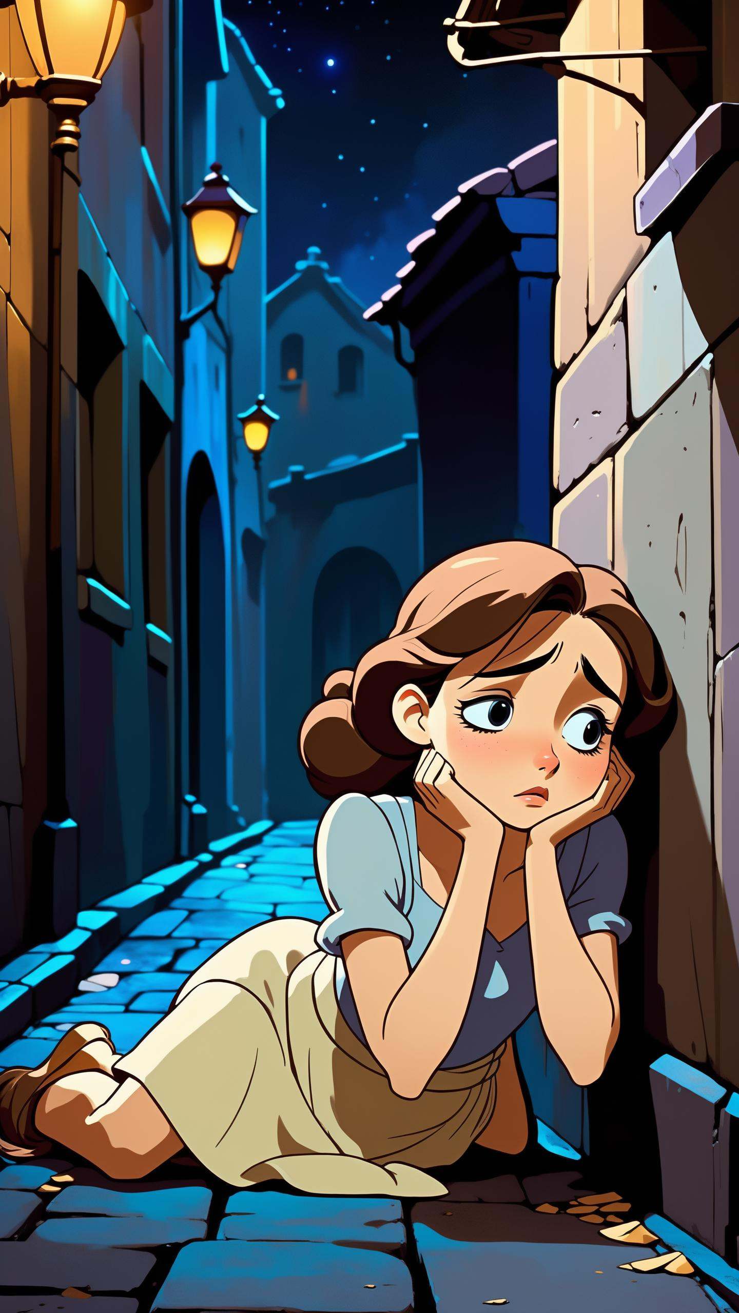"Disney style,  A beautiful young woman lying collapsed on the ground against a wall in a dark mysterious alleyway at nigh...