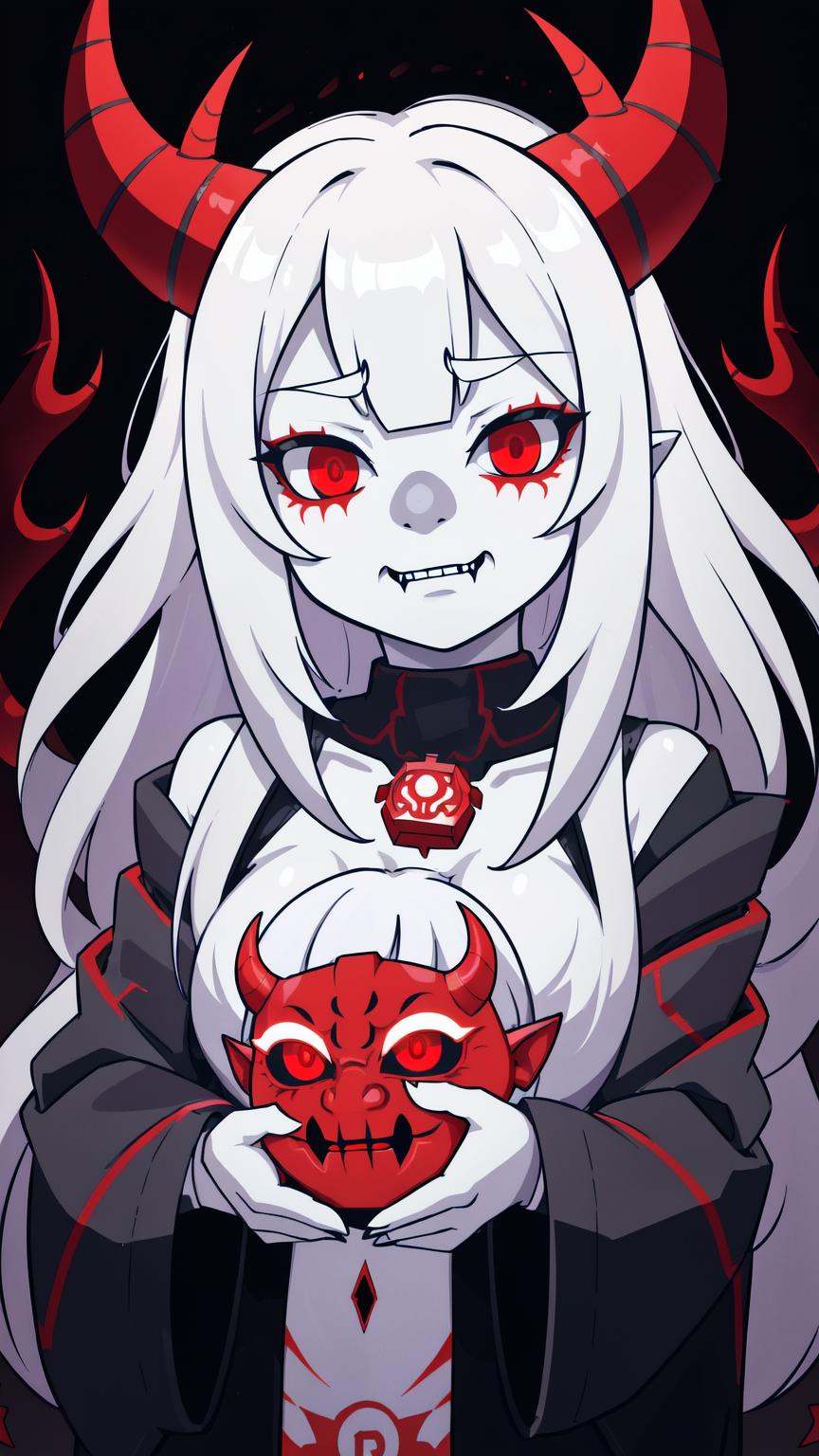 3d render of a scary ONI creature with a devil mask and long horns,  long flowing white-silver hair,  glowing red eyes on...