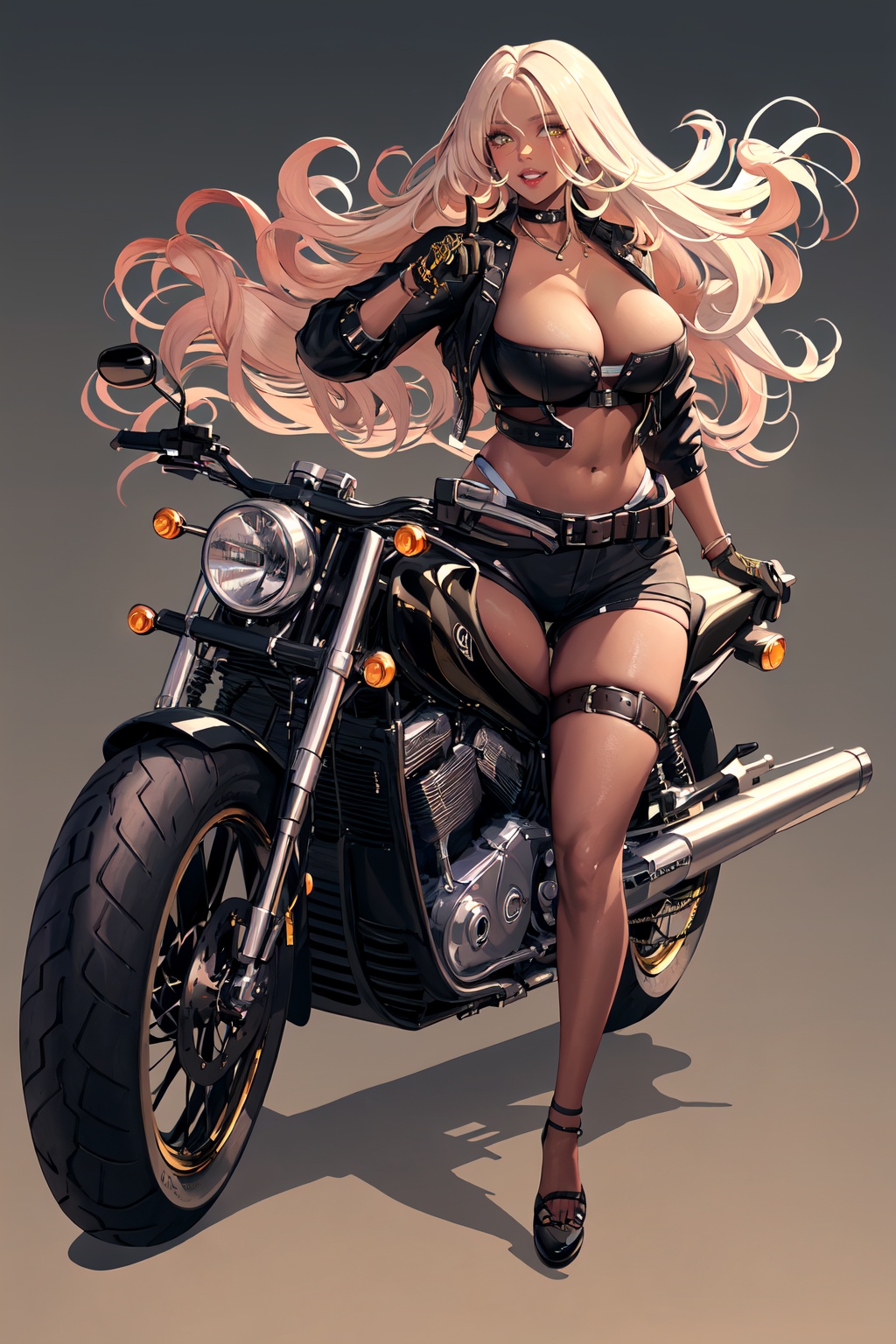Korean style vertical painting,1girl,weapon,long hair,ground vehicle,gun,solo,breasts,high heels,holding,motor vehicle,holding weapon,blonde hair,ass,holding gun,large breasts,motorcycle,black footwear,simple background,gloves,smoke,thigh strap,jewelry,looking at viewer,handgun,full body,shell casing,dark-skinned female,o-ring,black gloves,parted lips,dark skin,black background,shorts,belt,crop top,yellow eyes,long sleeves,thighs,choker,bracelet,riding,smile,<lora:Korean style vertical painting_20240124150257:0.8>,an style vertical painting_20240124150257:0.8>,