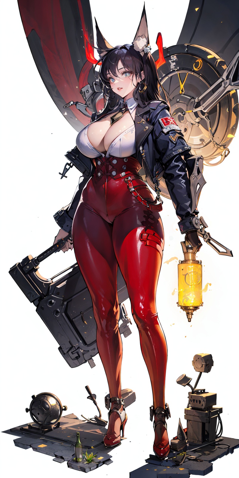 [(white background:1.5)::5],(bottle bottom:0.9),masterpiece,(full body:1.2),glowing,Korean style vertical painting,1girl,Steampunk,mechanics,Tights,show cleavage,weapon,Orange clothes,<lora:Korean style vertical painting_20240124150257:0.8>,
