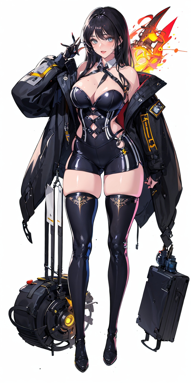 [(white background:1.5)::5],(bottle bottom:0.9),masterpiece,(full body:1.2),glowing,Korean style vertical painting,1girl,Steampunk,mechanics,black thighhighs,show cleavage,,Orange clothes,<lora:Korean style vertical painting_20240124150257:0.8>,