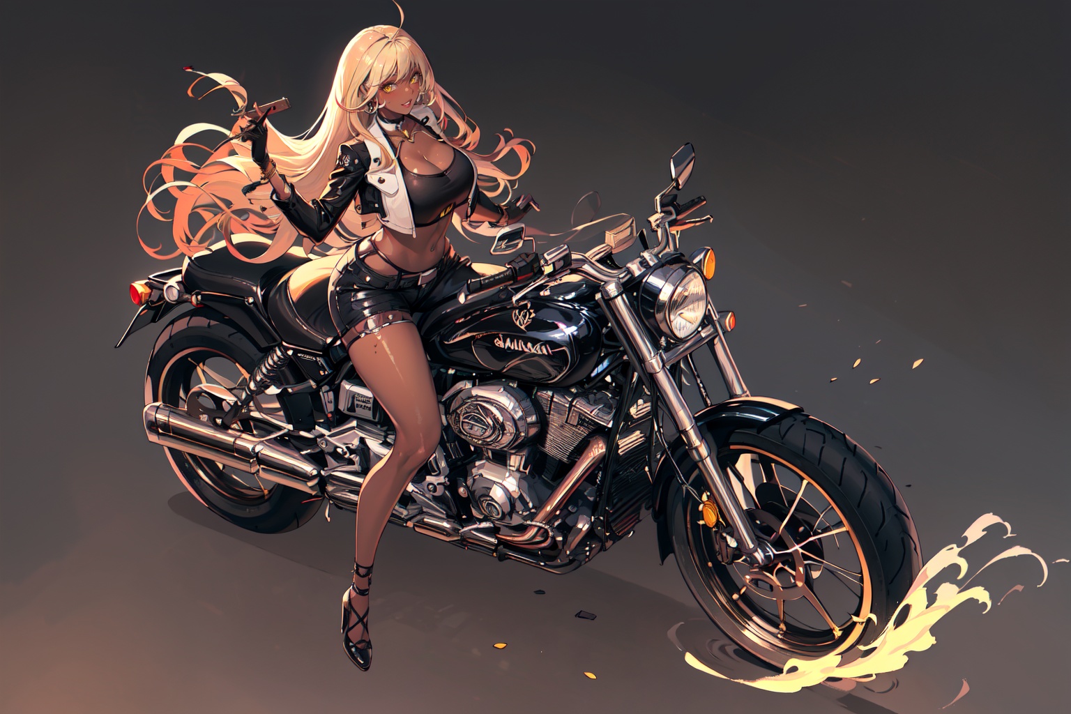 Korean style vertical painting,1girl,weapon,long hair,ground vehicle,gun,solo,breasts,high heels,holding,motor vehicle,holding weapon,blonde hair,ass,holding gun,large breasts,motorcycle,black footwear,simple background,gloves,smoke,thigh strap,jewelry,looking at viewer,handgun,full body,shell casing,dark-skinned female,o-ring,black gloves,parted lips,dark skin,black background,shorts,belt,crop top,yellow eyes,long sleeves,thighs,choker,bracelet,riding,smile,<lora:Korean style vertical painting_20240124150257:0.8>,