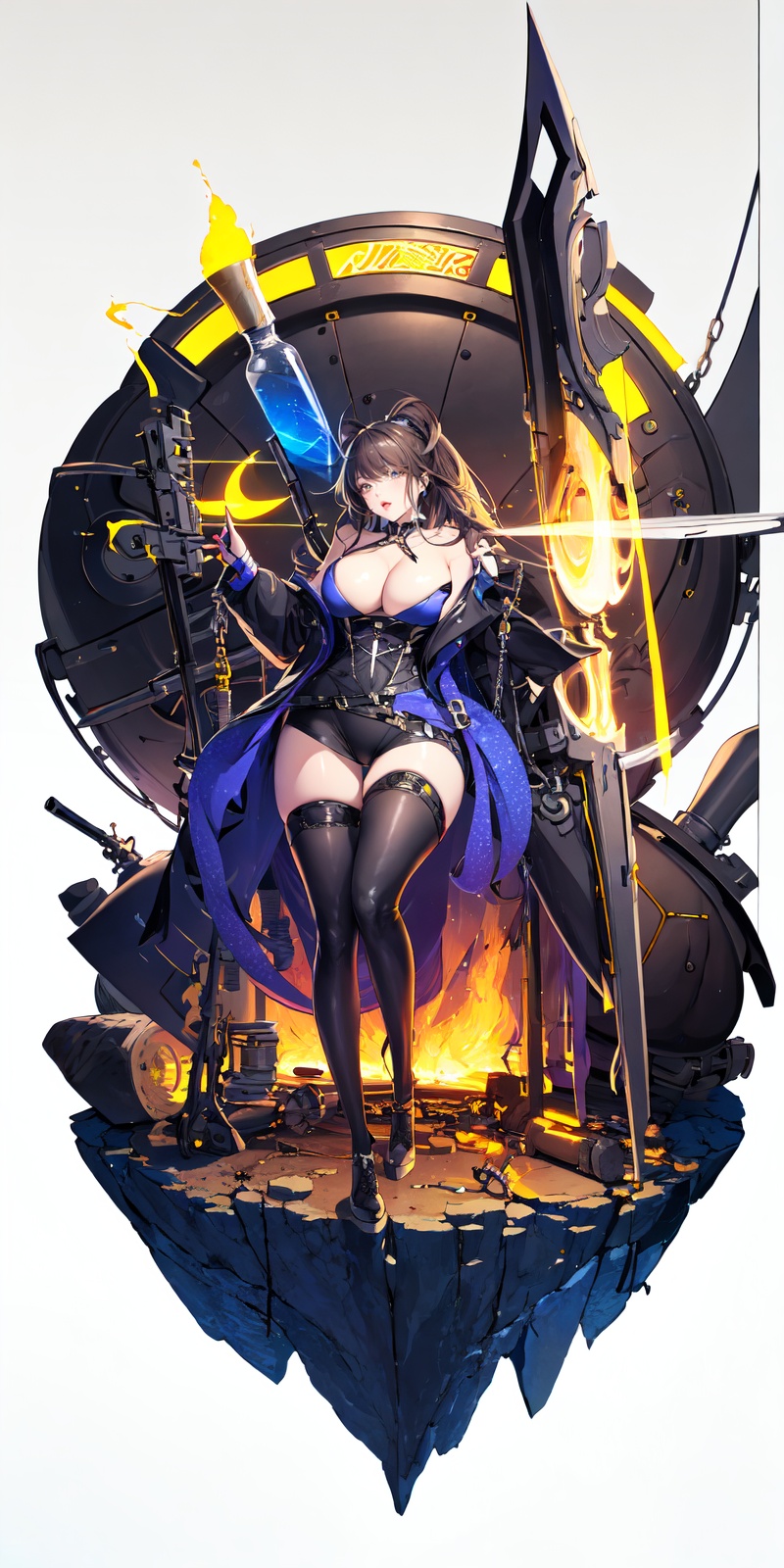 [(white background:1.5)::5],(bottle bottom:0.9),masterpiece,(full body:1.2),glowing,Korean style vertical painting,1girl,Steampunk,mechanics,Tights,show cleavage,weapon,Orange clothes,<lora:Korean style vertical painting_20240124150257:0.8>,