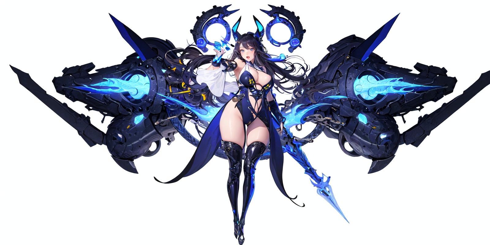 [(white background:1.5)::5],(bottle bottom:0.9),masterpiece,(full body:1.2),glowing,Korean style vertical painting,1girl,Steampunk,mechanics,Tights,show cleavage,weapon,<lora:Korean style vertical painting_20240124150257:0.8>,