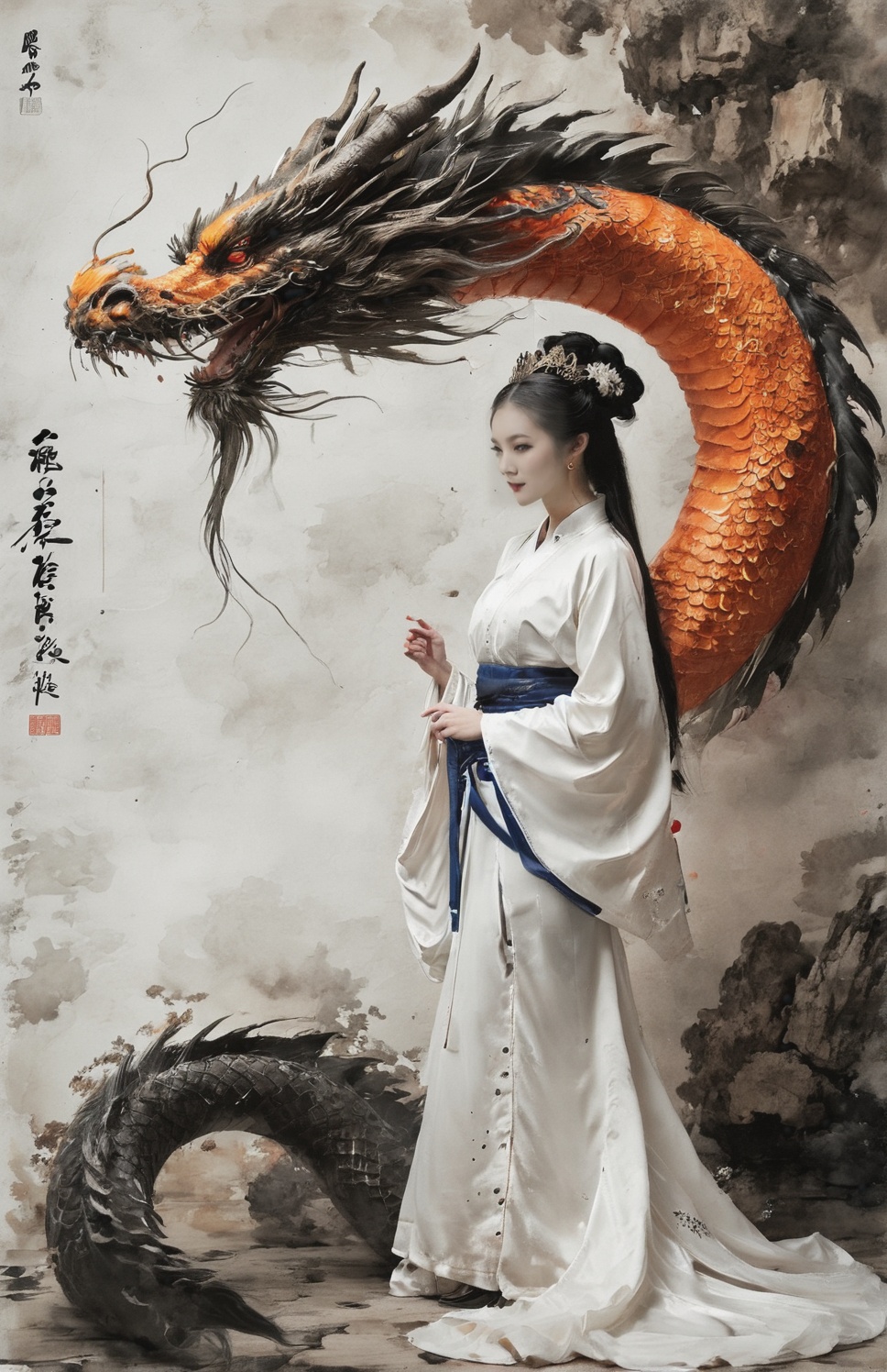 Chinese-style costume,  orange costume,  holding a folding fan on Tensor.Art