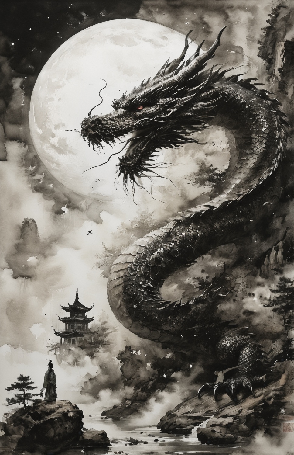 ((masterpiece)) Envision a vibrant Lunar New Year celebration at night,  under the glow of a full moon. An intricately det...