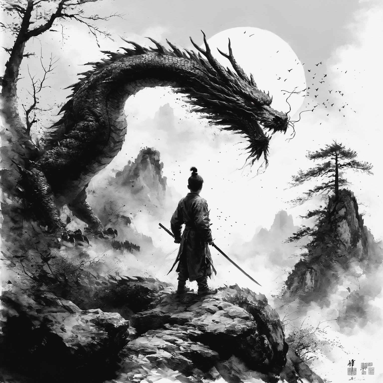chinese dragon,  mountain,  weapon on Tensor.Art