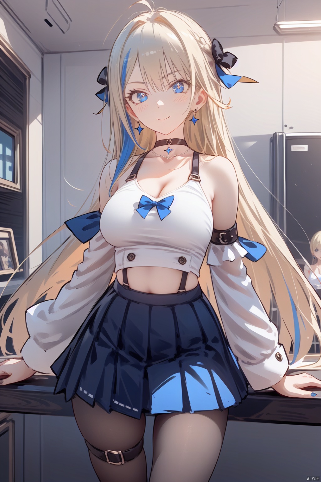 best quality, amazing quality, very aesthetic, absurdres.fine fabric emphasis, 1girl, looking at viewer, xiluwa, blonde hair, blue hair, multicolored hair, long hair, skirt, earrings, pantyhose, jewelry, asymmetrical sleeves, bare shoulders, black choker, bangs, Lightning tattoo, thigh_strap,