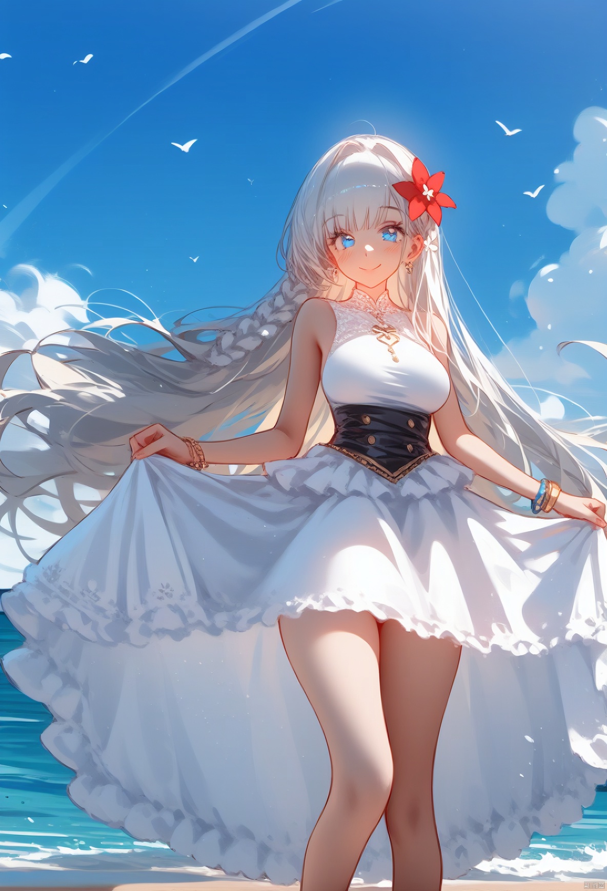  1girl, long hair, solo, smile, looking at viewer, medium breasts, hair ornament, standing, hand on hip, jewelry, sleeveless dress, bracelet, single elbow glove, bare shoulders, anklet, hair flower, side slit,