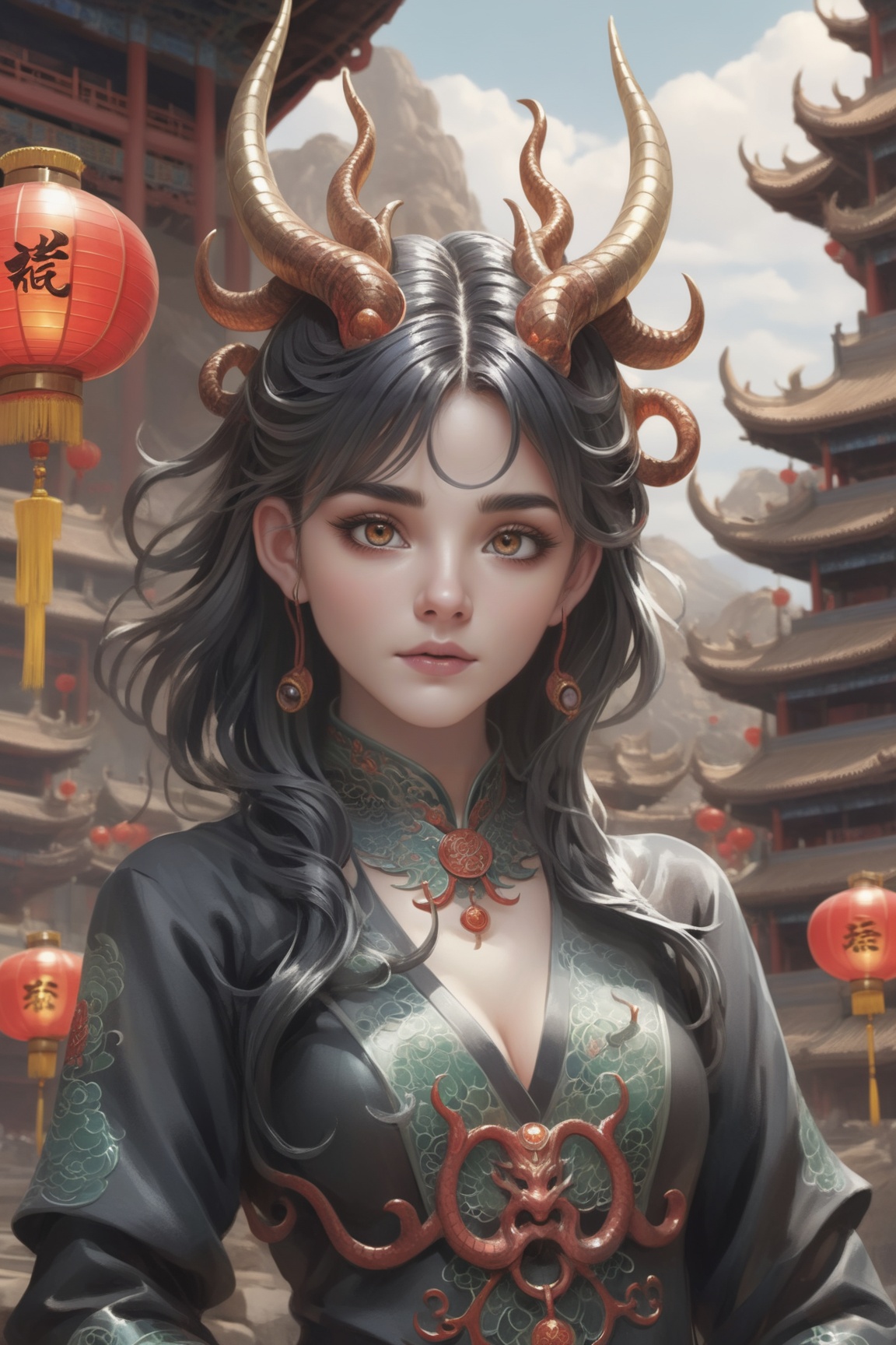 1 girl, (masterful), (long intricate horns:1.2), detailed and intricate, dragonyear, dragon-themed
, Glass Elements, looking_at_viewer, chinese girls, goth person, sfw, complex background, dragon-themed,