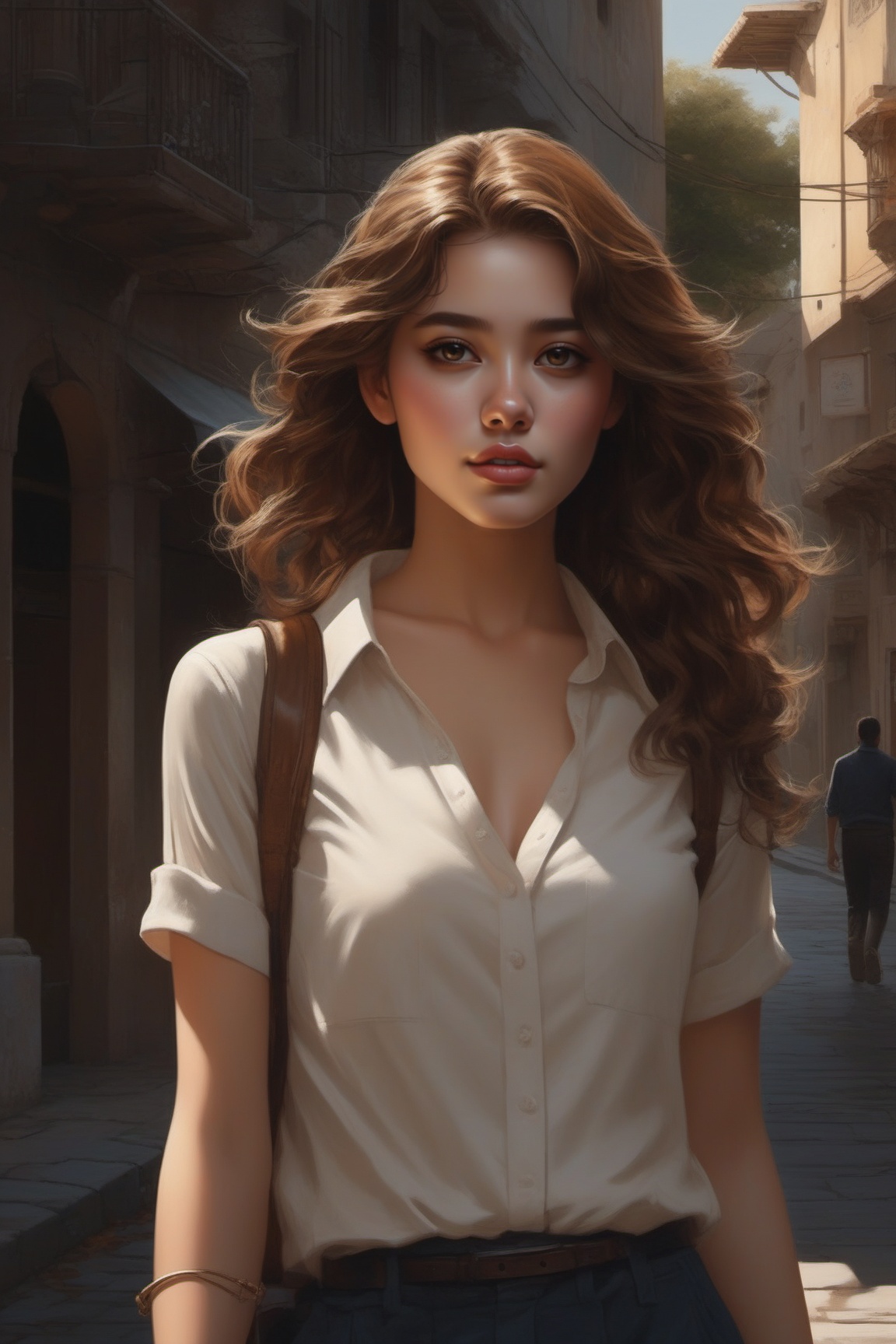 a girl walking in the street,  intricate details,  detailed exquisite face on Tensor.Art