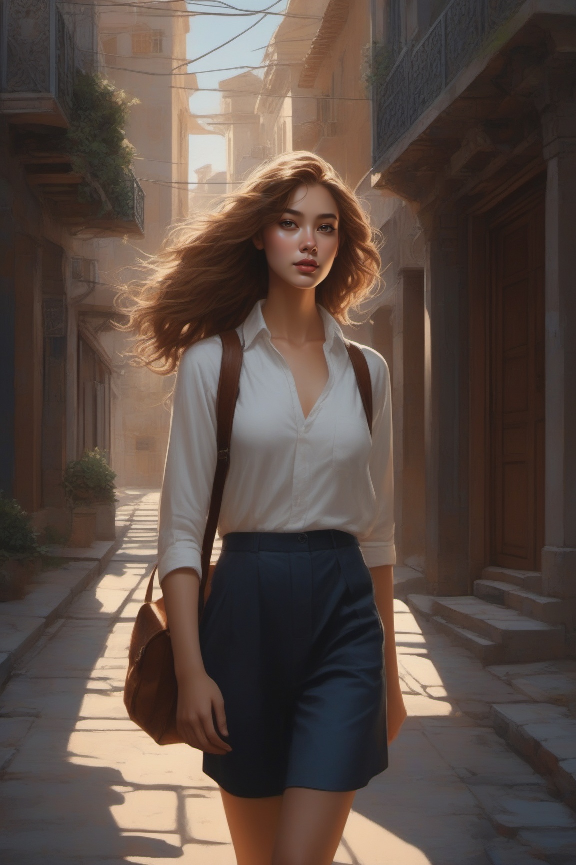 a girl walking in the street,  intricate details,  detailed exquisite face on Tensor.Art