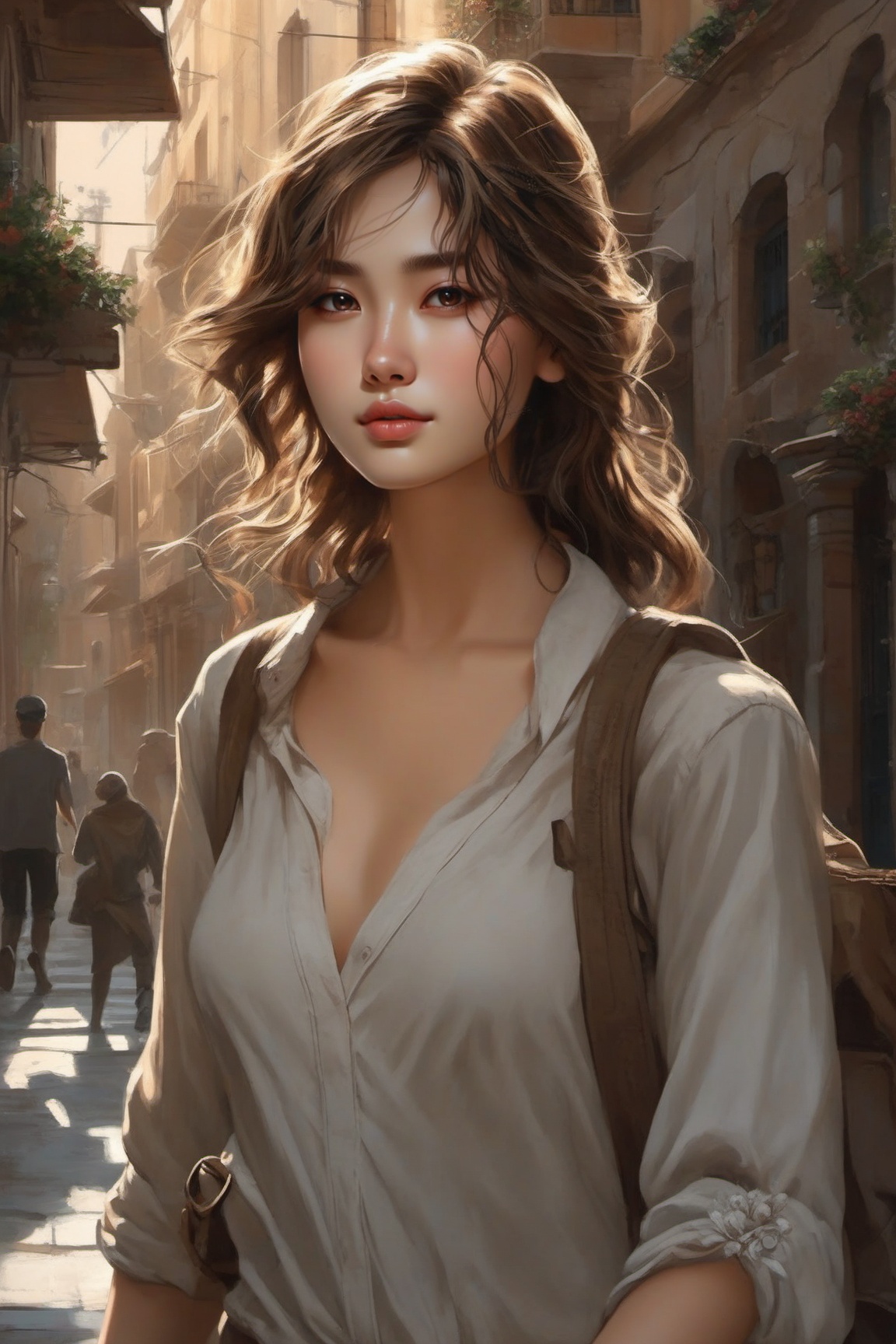 a girl walking in the street,  intricate details,  detailed exquisite face on Tensor.Art