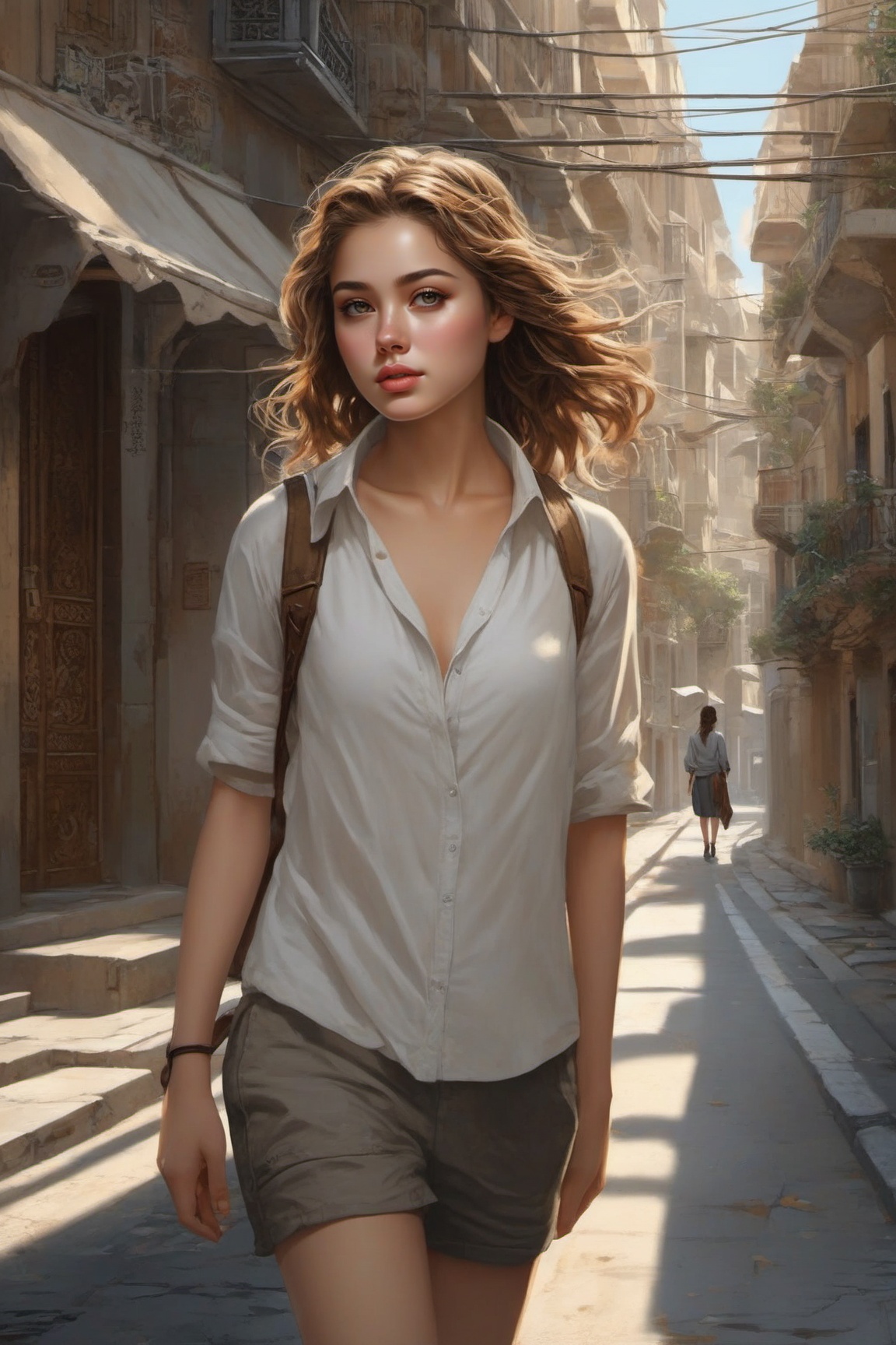 a girl walking in the street,  intricate details,  detailed exquisite face on Tensor.Art